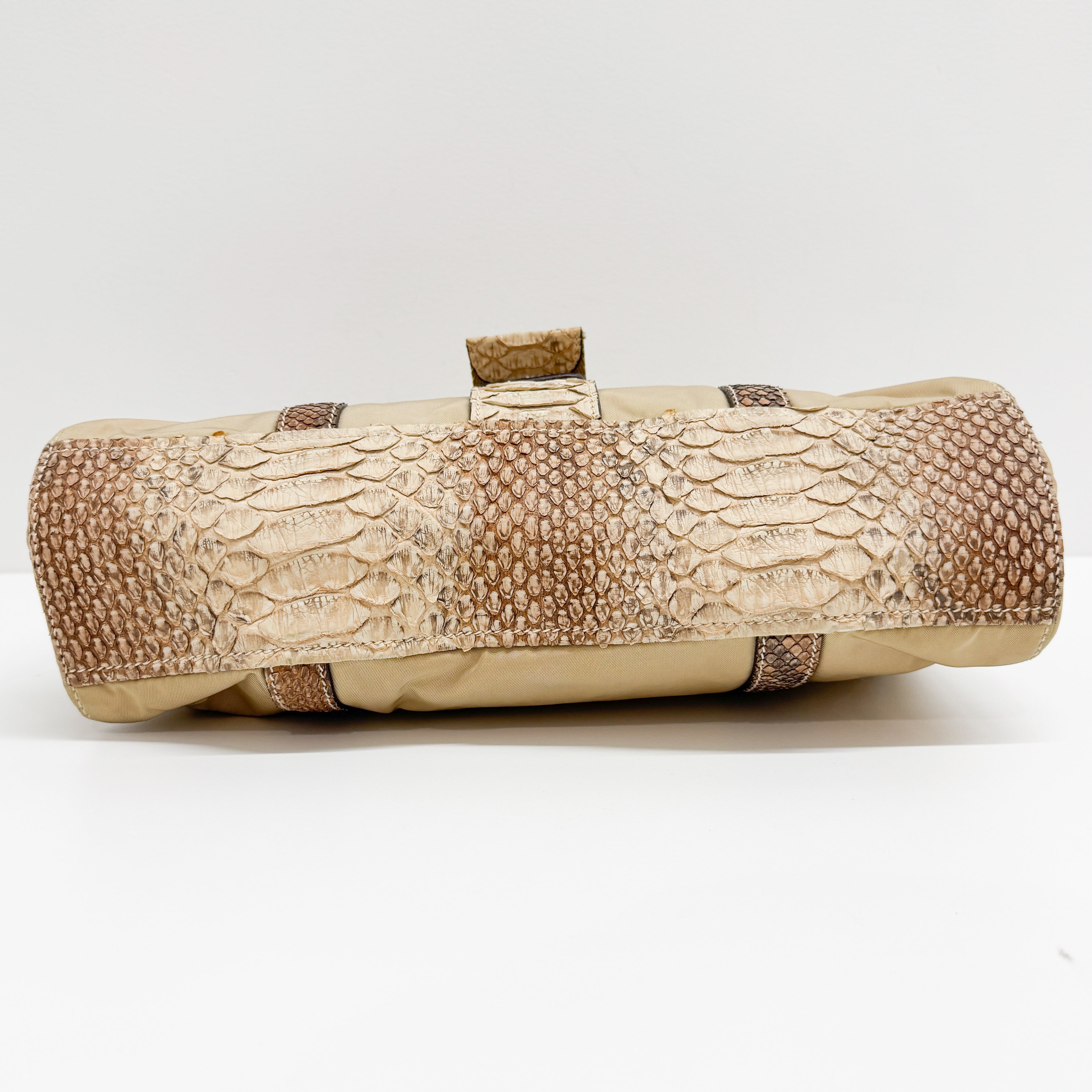 Python Embossed Beige Nylon Shoulder Bag