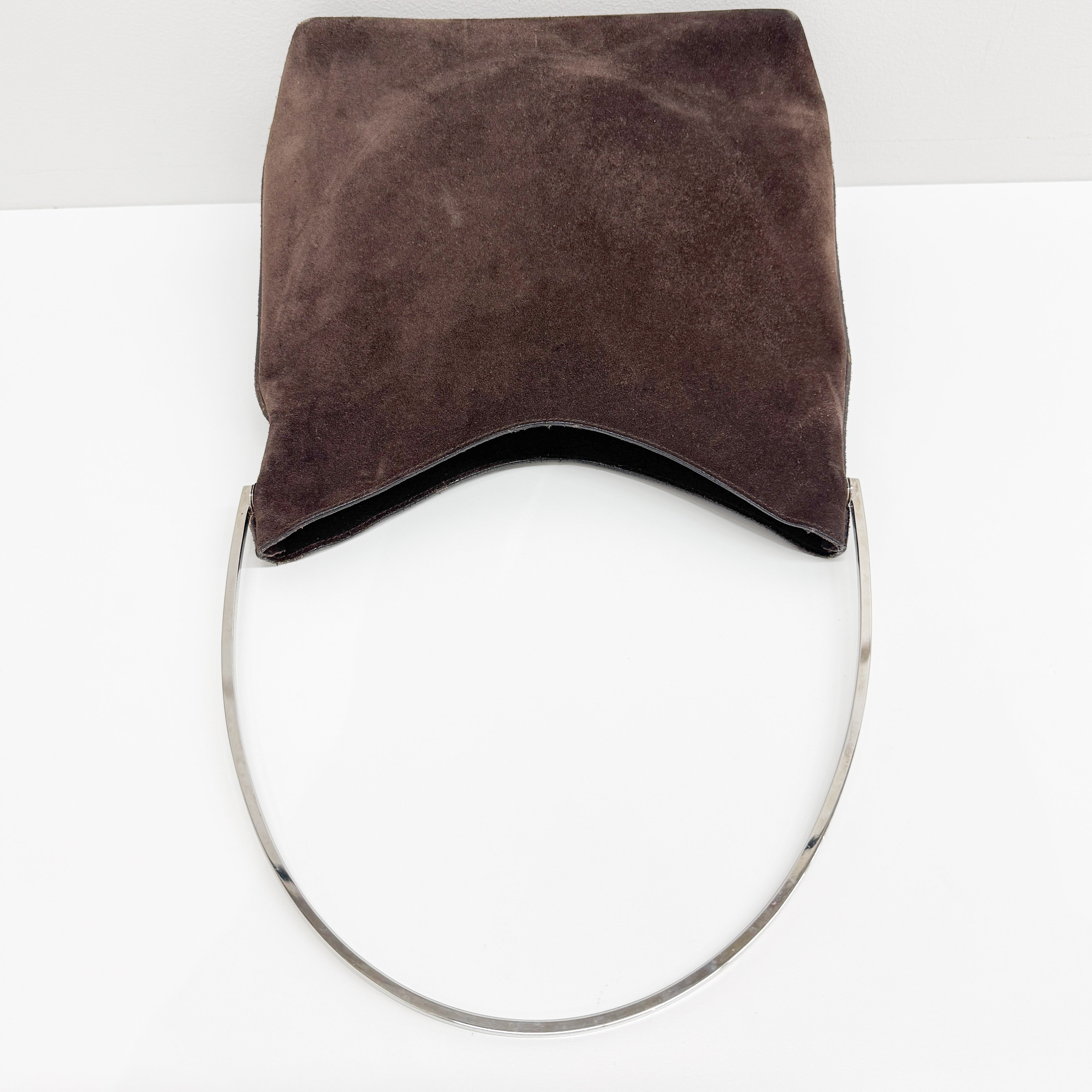 Brown Suede with Silver-tone Handle Shoulder Bag