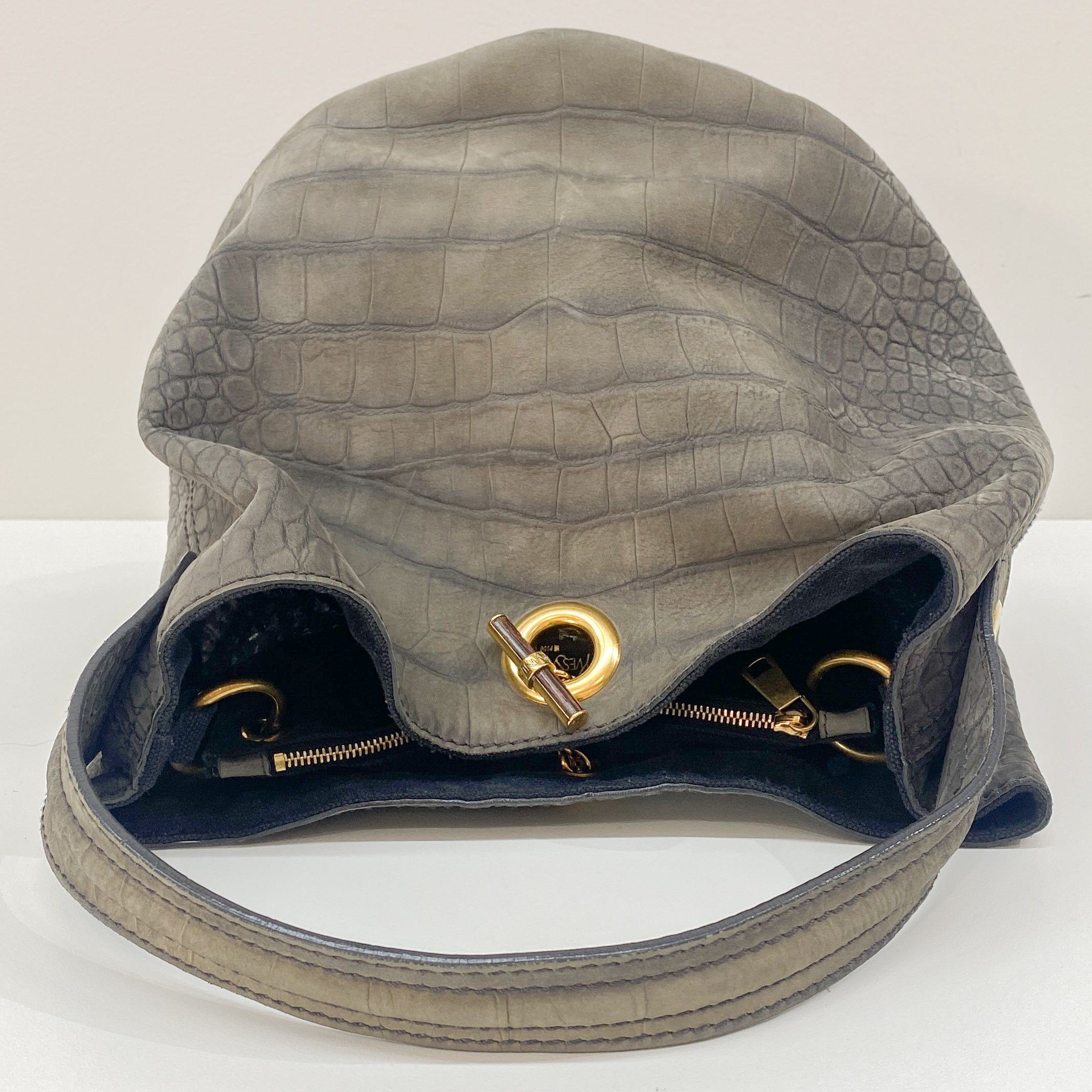 Grey Crocodile Embossed Nubuck Leather Hobo Bag