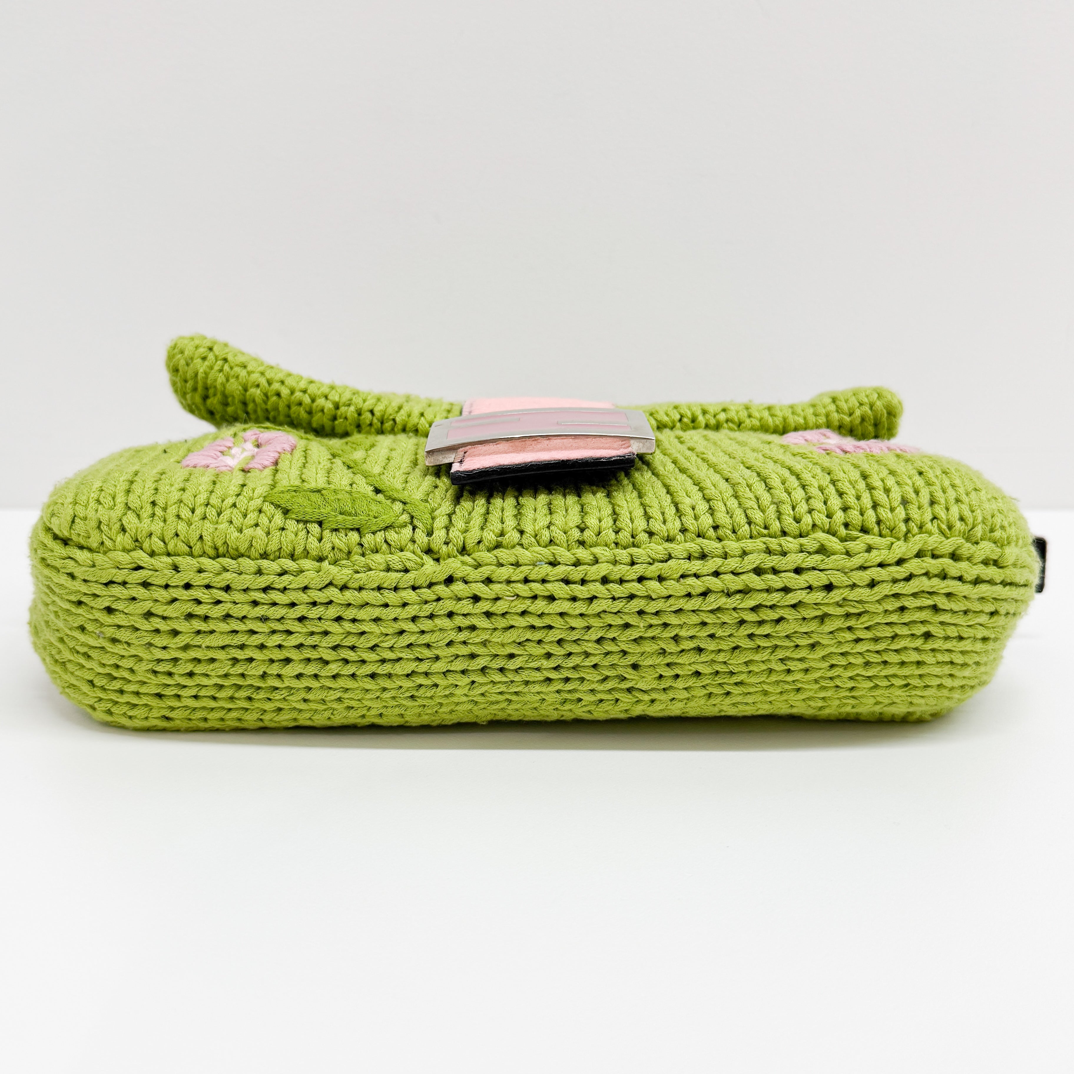 Baguette Green and Pink Crochet and Pony Hair Shoulder Bag