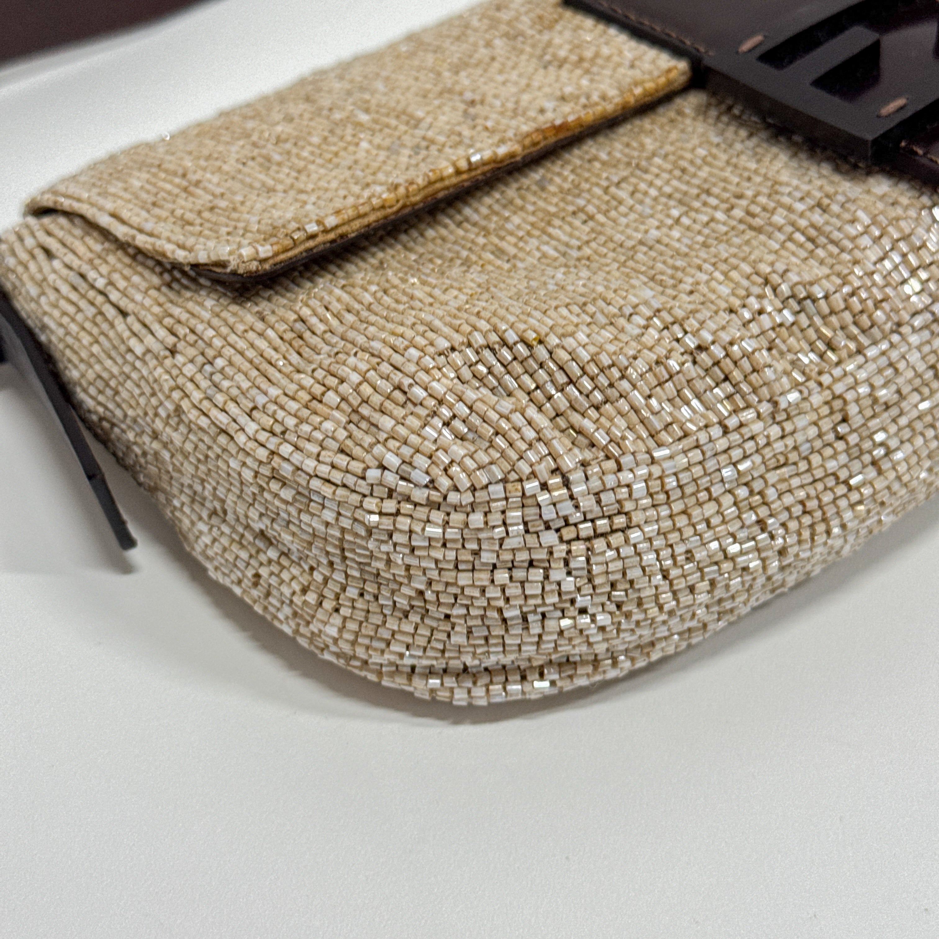 Baguette Beige Beaded Shoulder Bag
