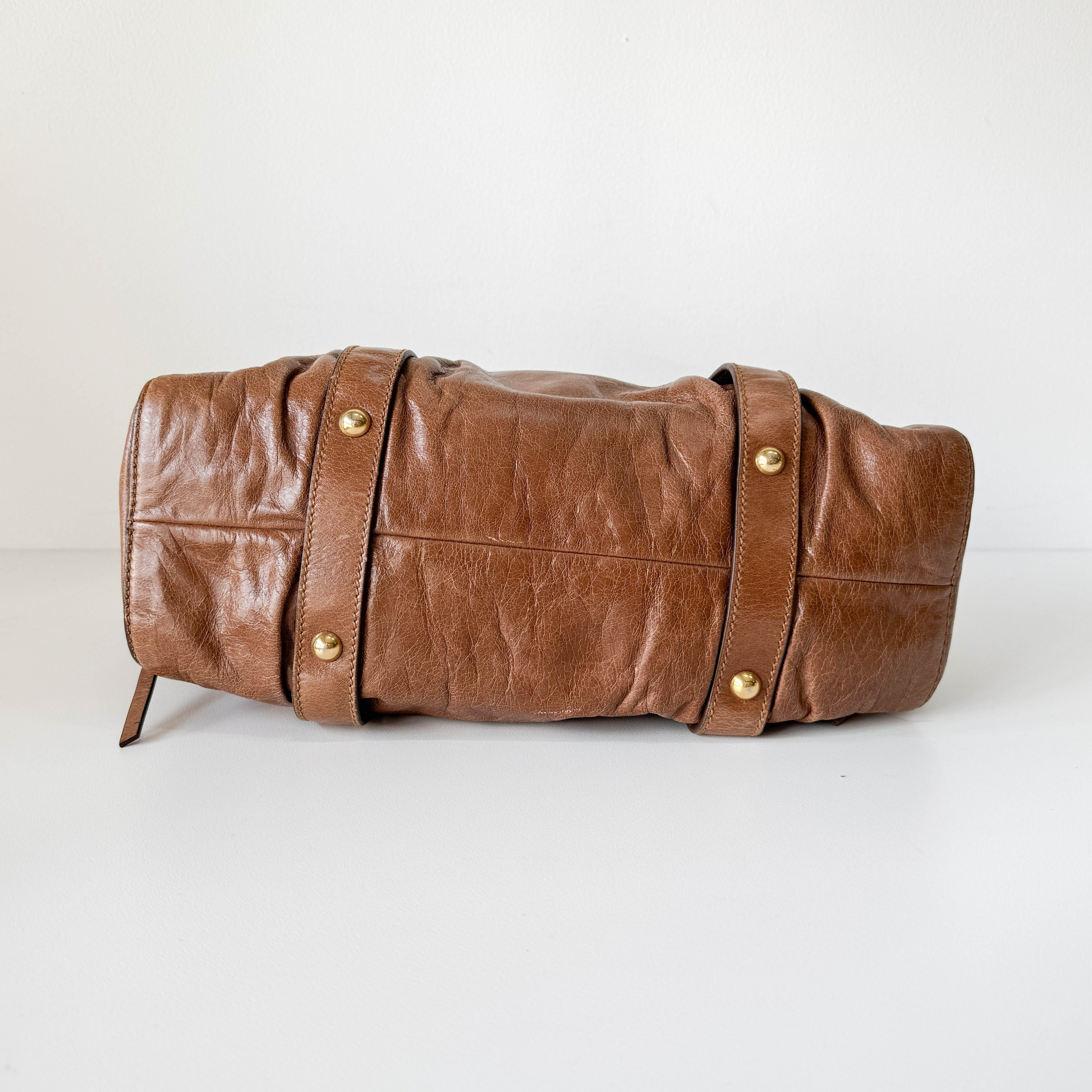 Vitello Bauletto Brown Calfskin Leather Two Way Bag