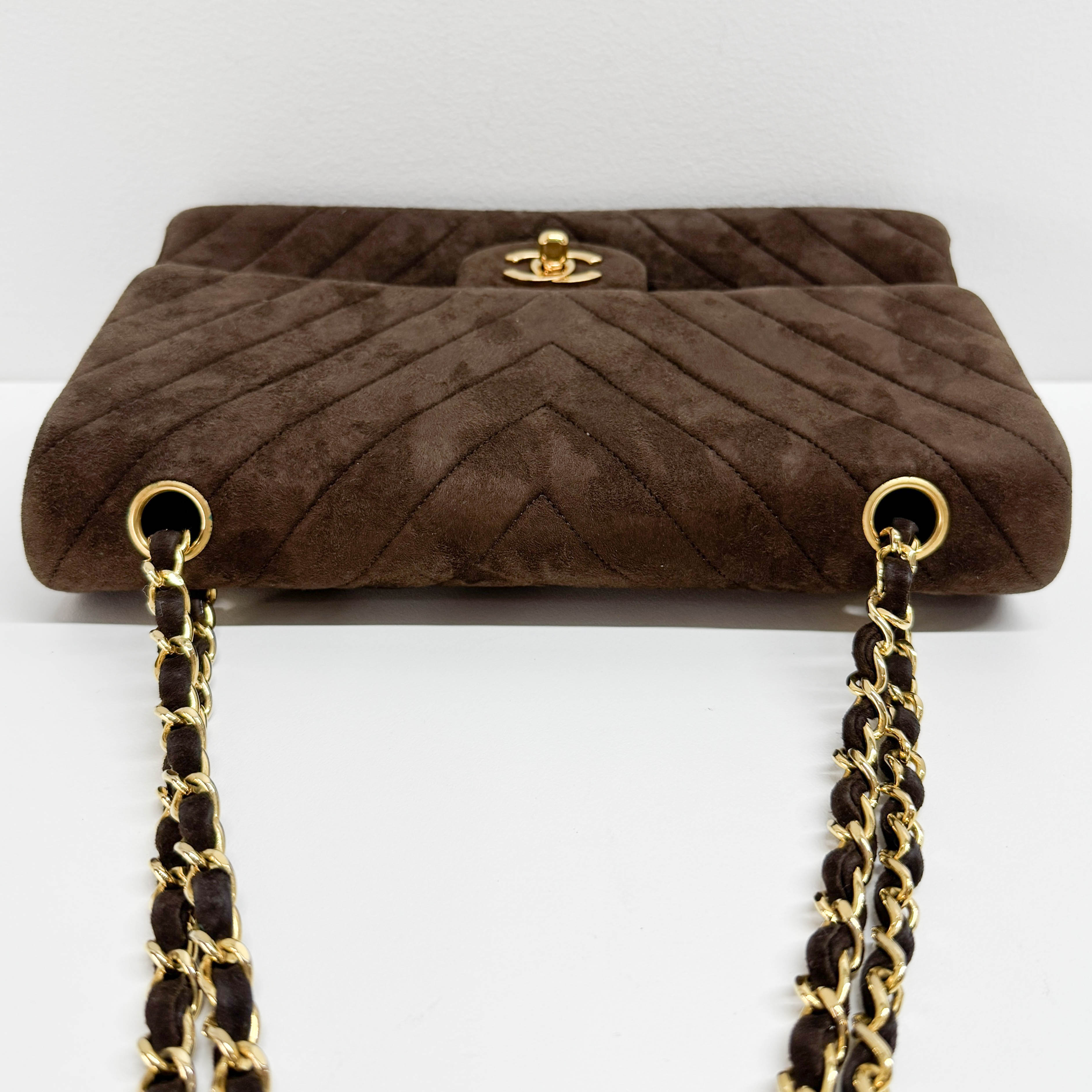 Double Flap Brown V Stitch Suede Double Chain Shoulder Bag