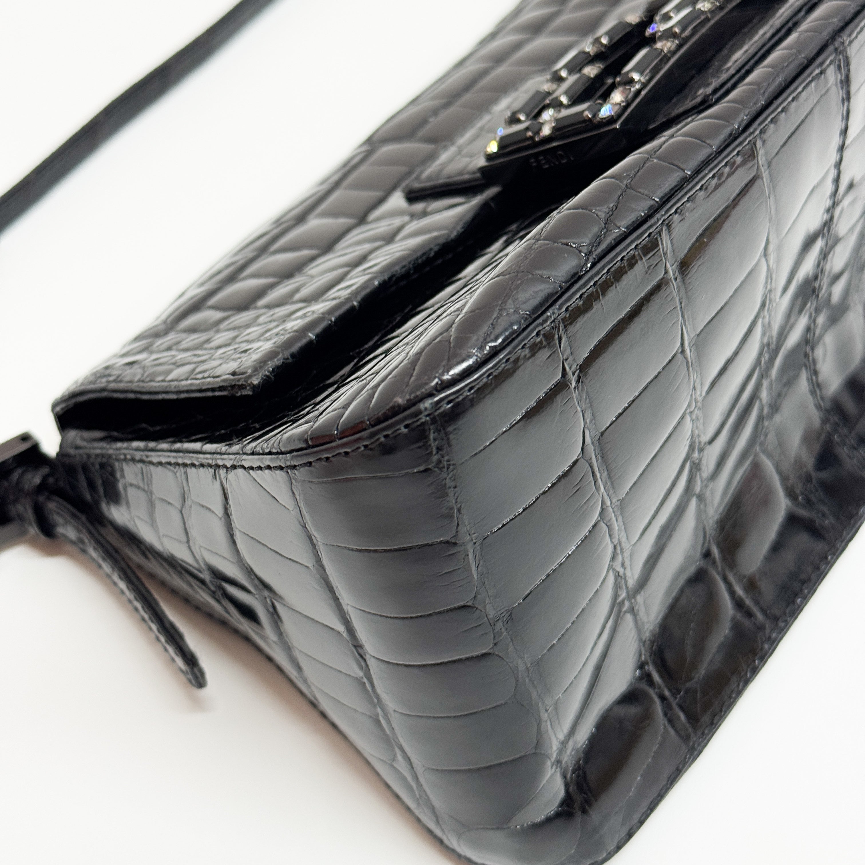 Mini Mamma Baguette Black Crocodile Embossed Shoulder Bag