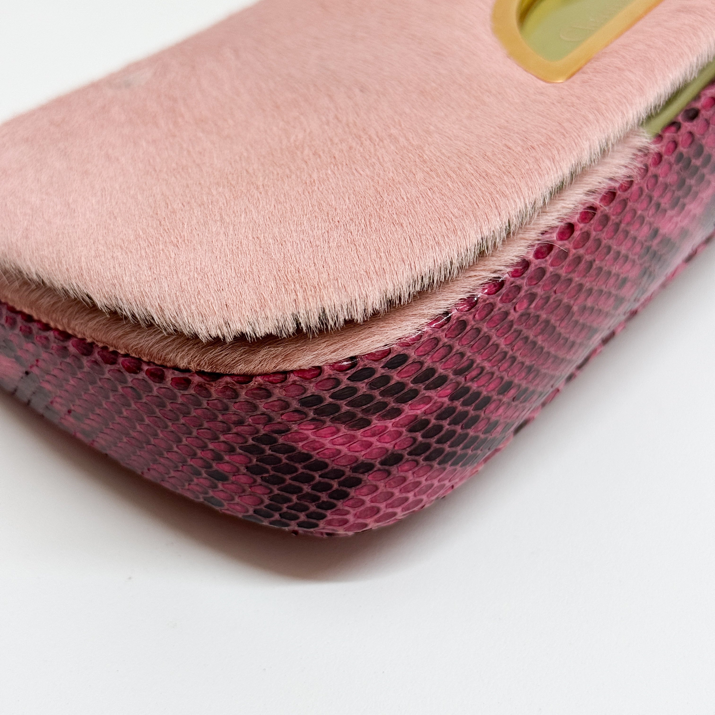 Malice Pearl Chain Pink Pony Hair Snake Skin Print Shoulder Bag