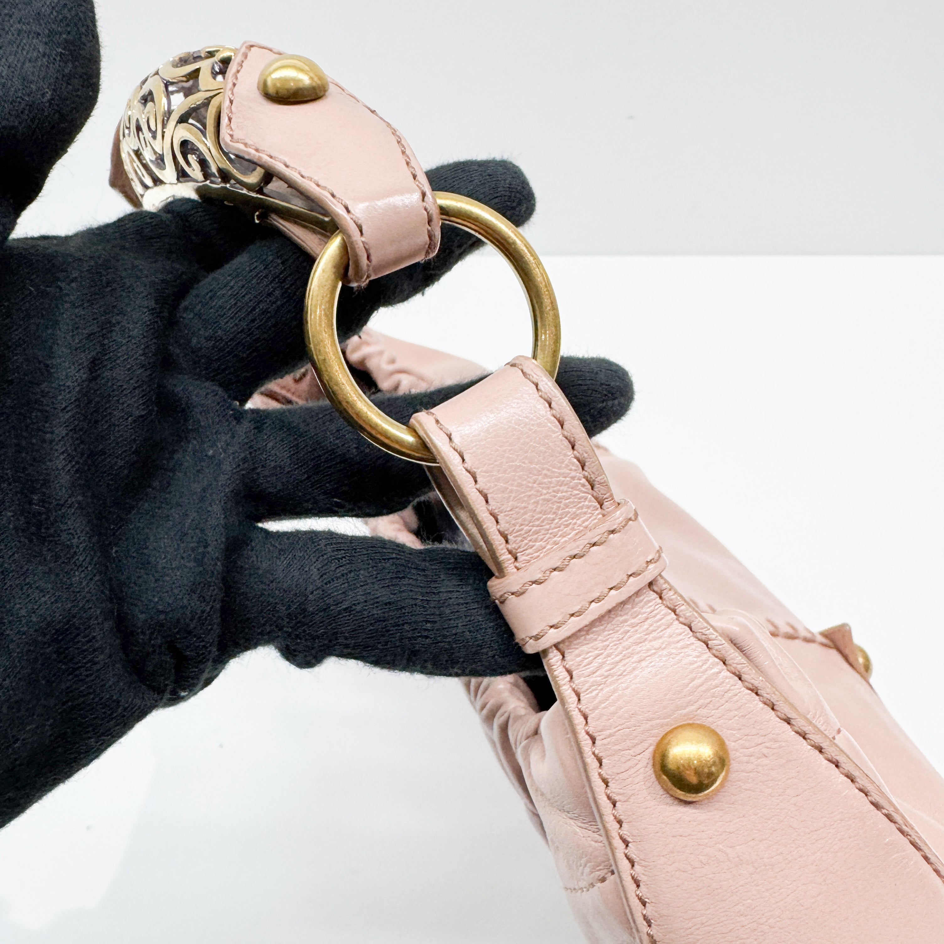 Vintage Pink Leather Shoulder Bag with Baroque Metal Handle