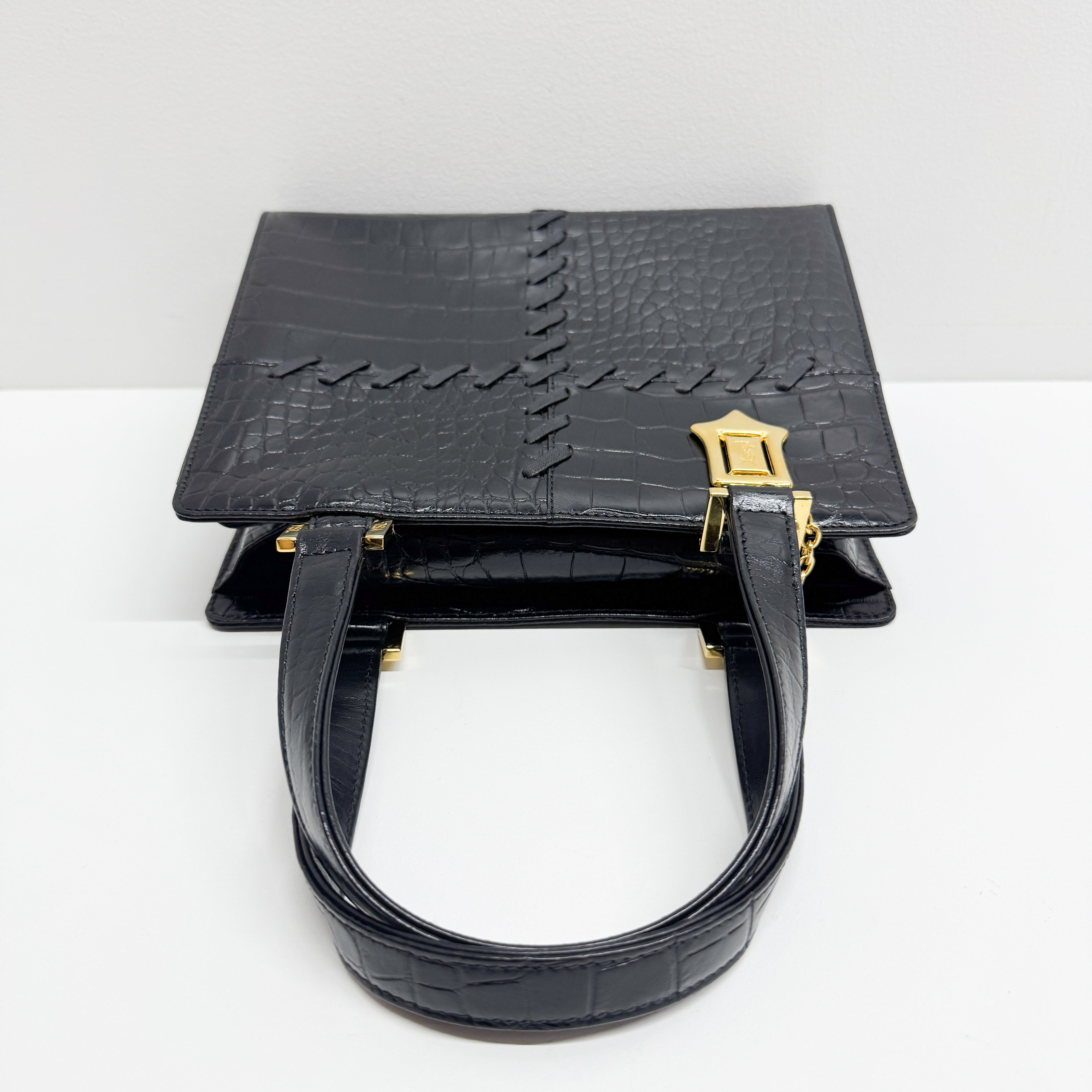 Black Croc Embossed Leather Handbag