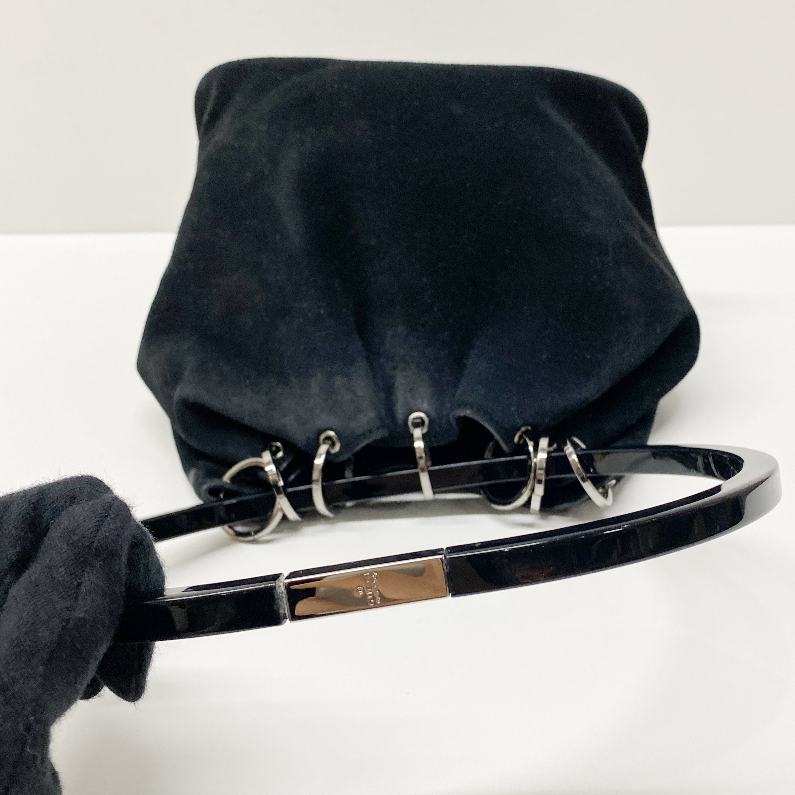Metal Handle Black Suede Shoulder Bag