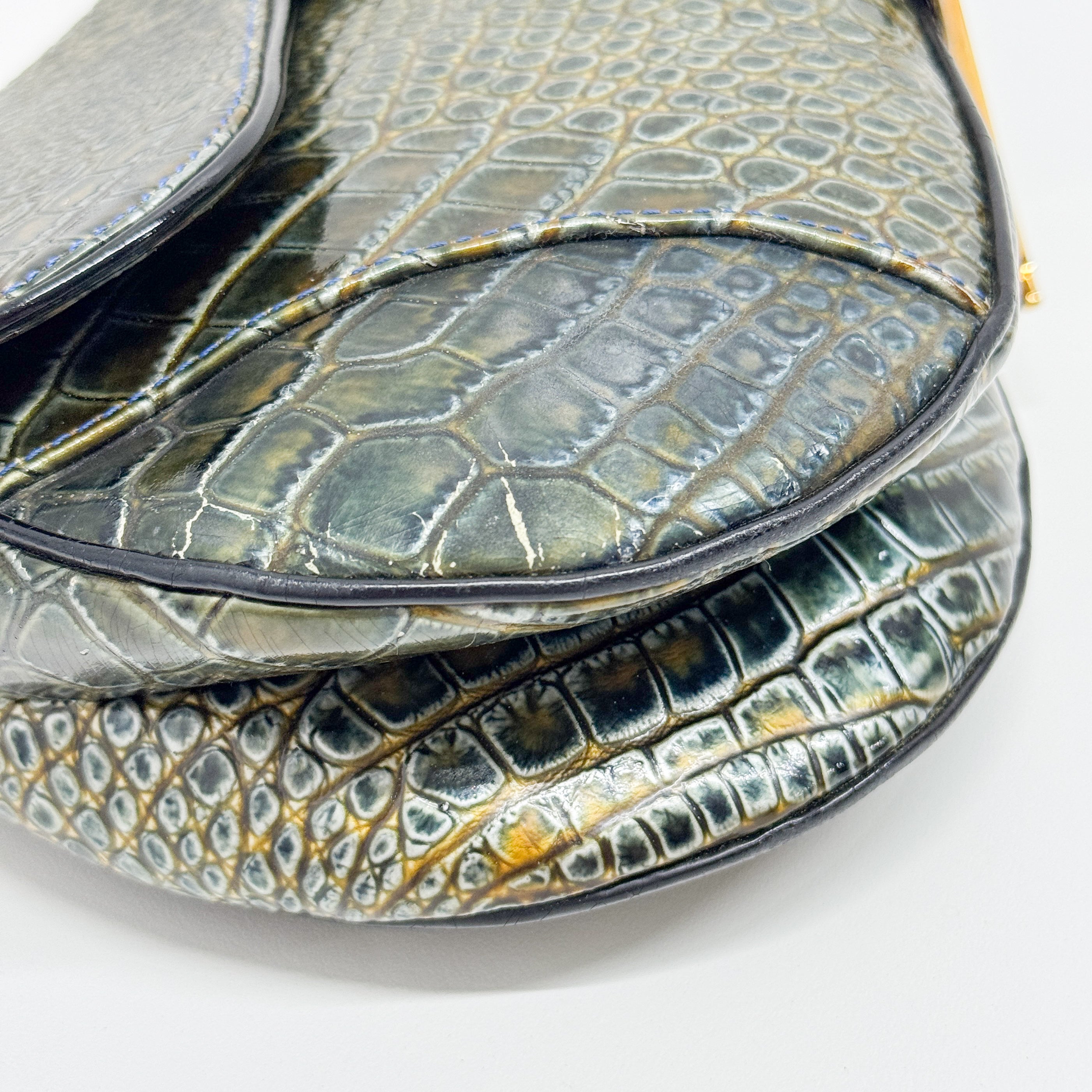 Saddle Olive-Brown Crocodile Embossed Leather Shoulder Bag