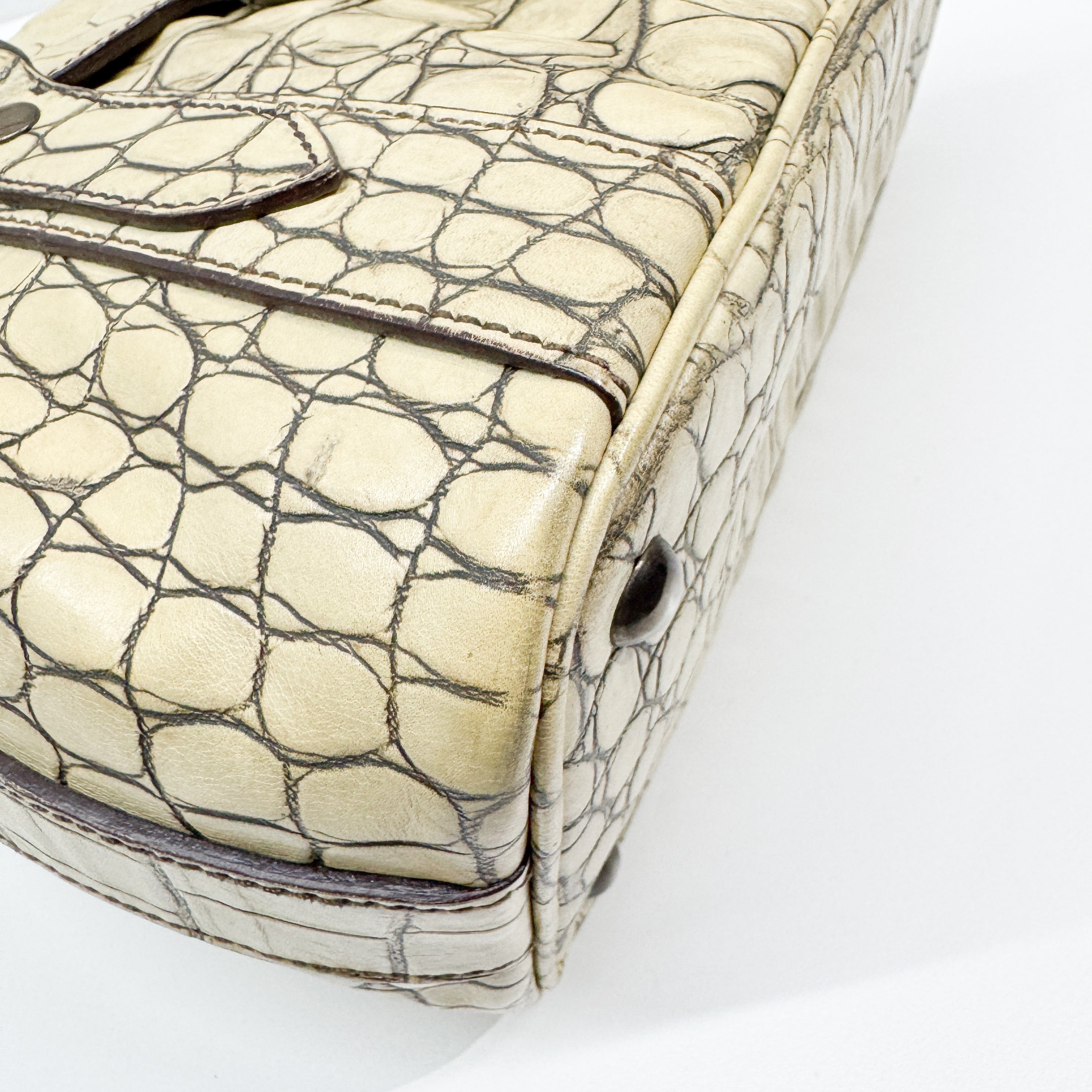 Vintage Beige Croc Embossed Leather Shoulder Bag