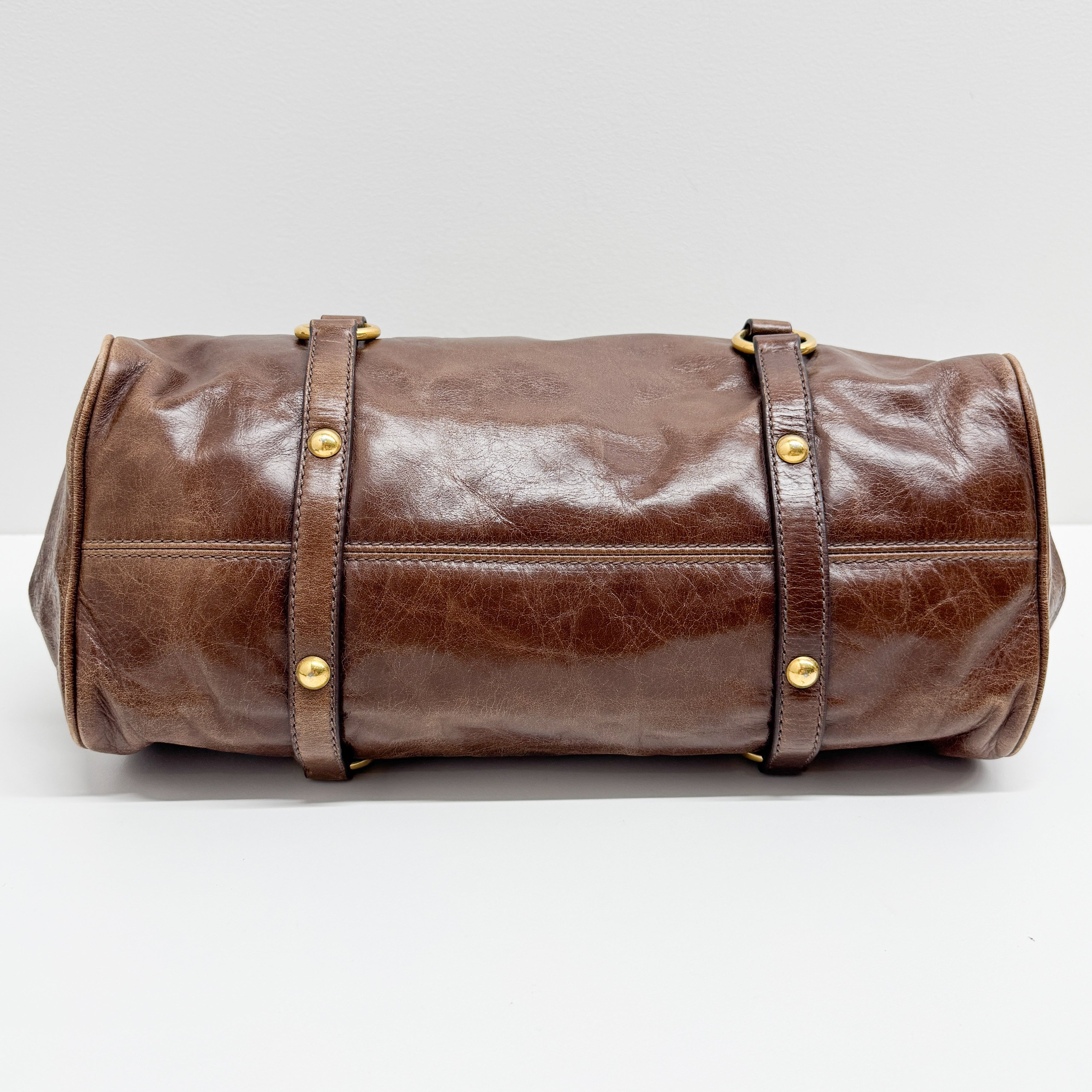 Vitello Lux Bow Brown Calfskin Leather Hand Bag