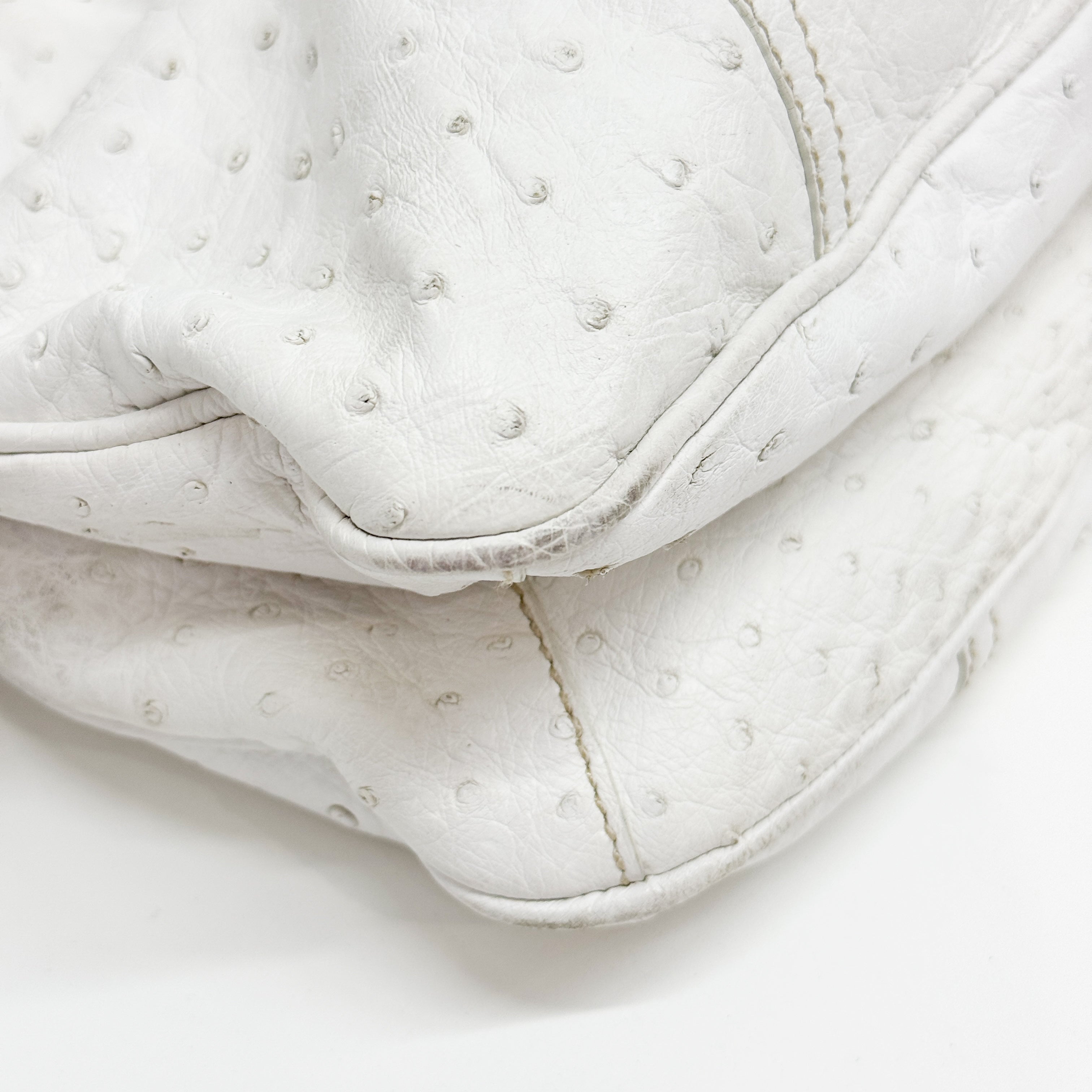 White Ostrich Embossed Leather Shoulder Bag