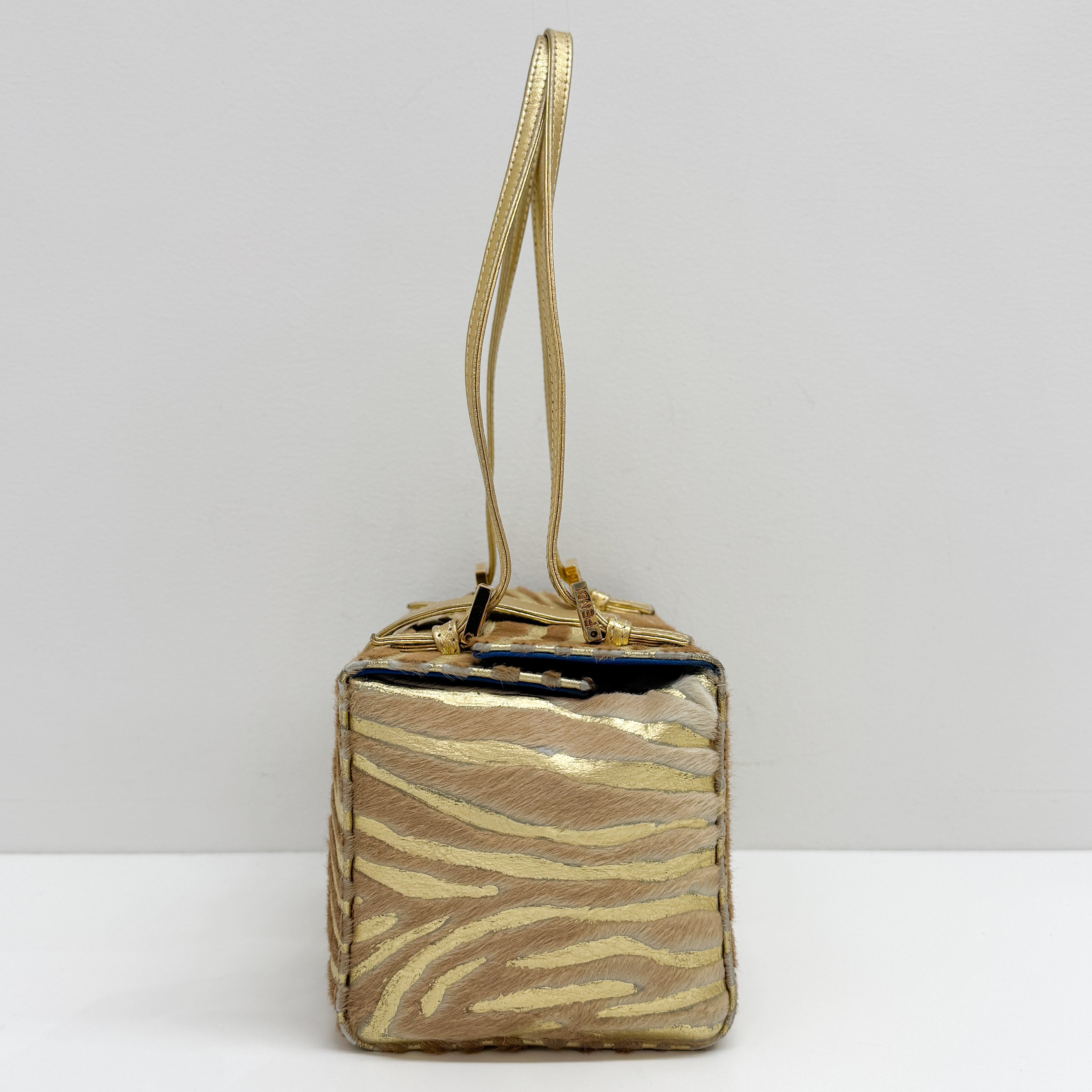 Mamma Baguette Gold Zebra Striped Pink Pony Hair Box Bag