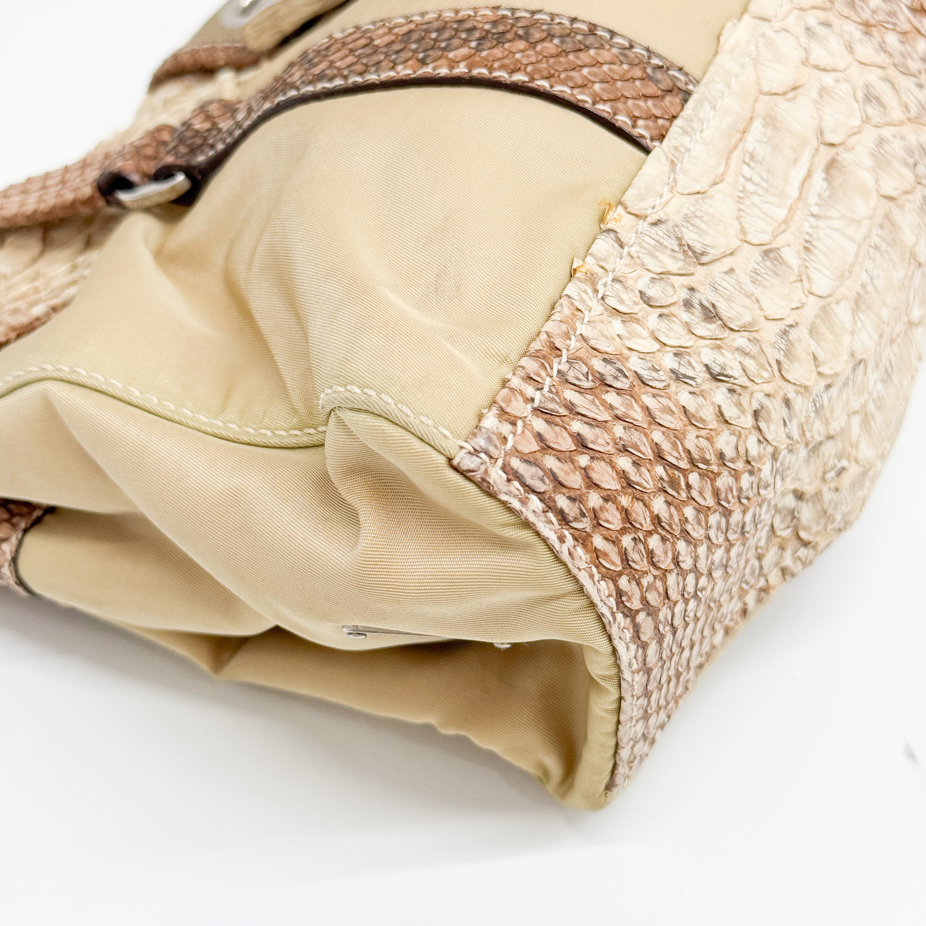 Python Embossed Beige Nylon Shoulder Bag