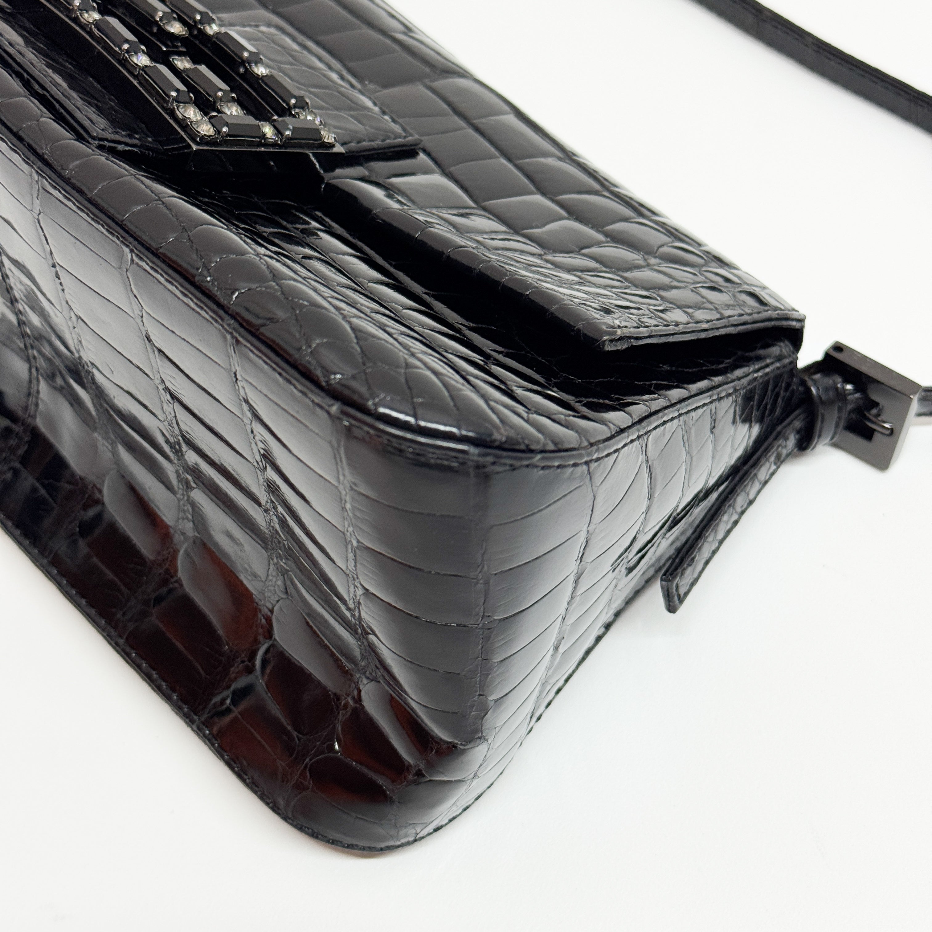 Mini Mamma Baguette Black Crocodile Embossed Shoulder Bag