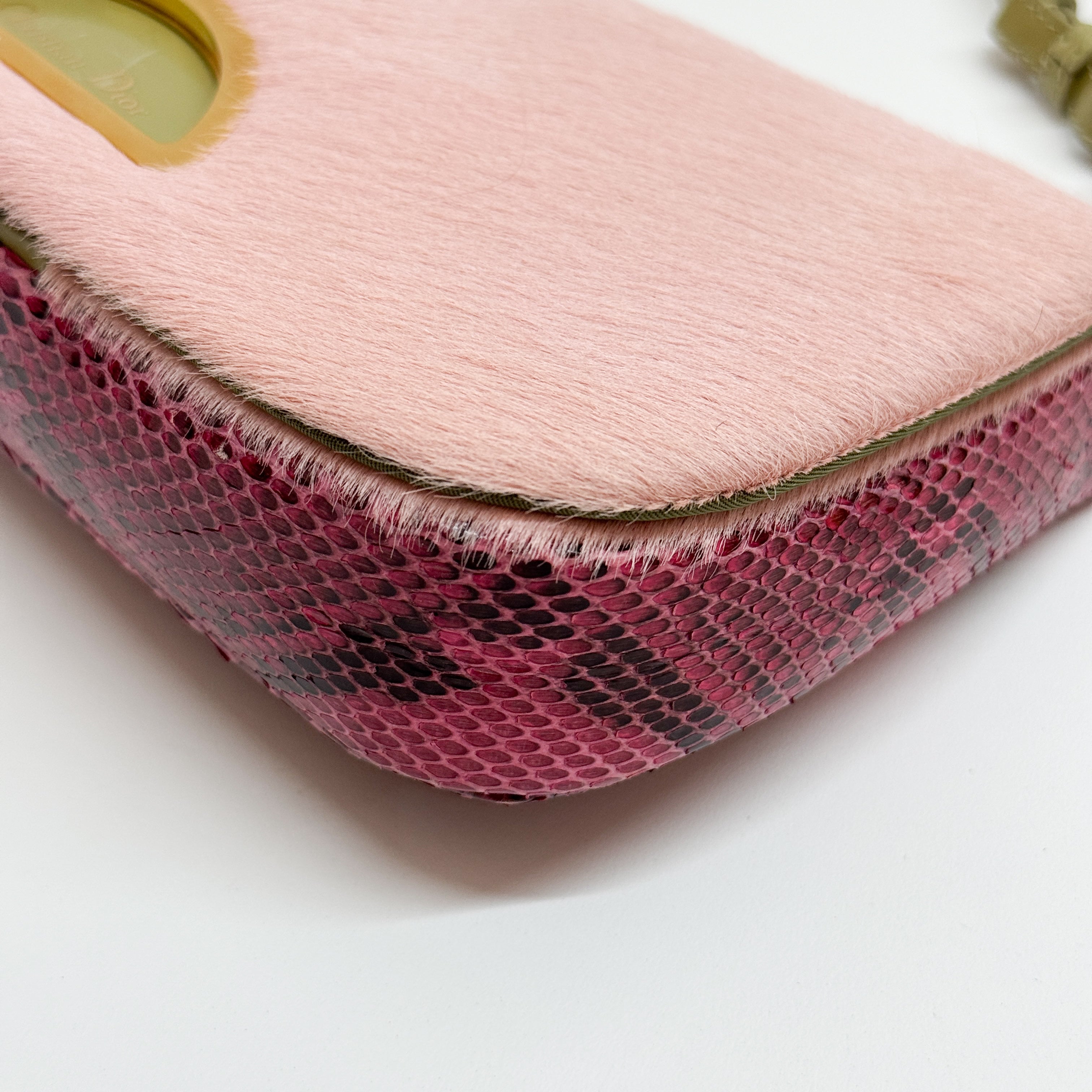 Malice Pearl Chain Pink Pony Hair Snake Skin Print Shoulder Bag