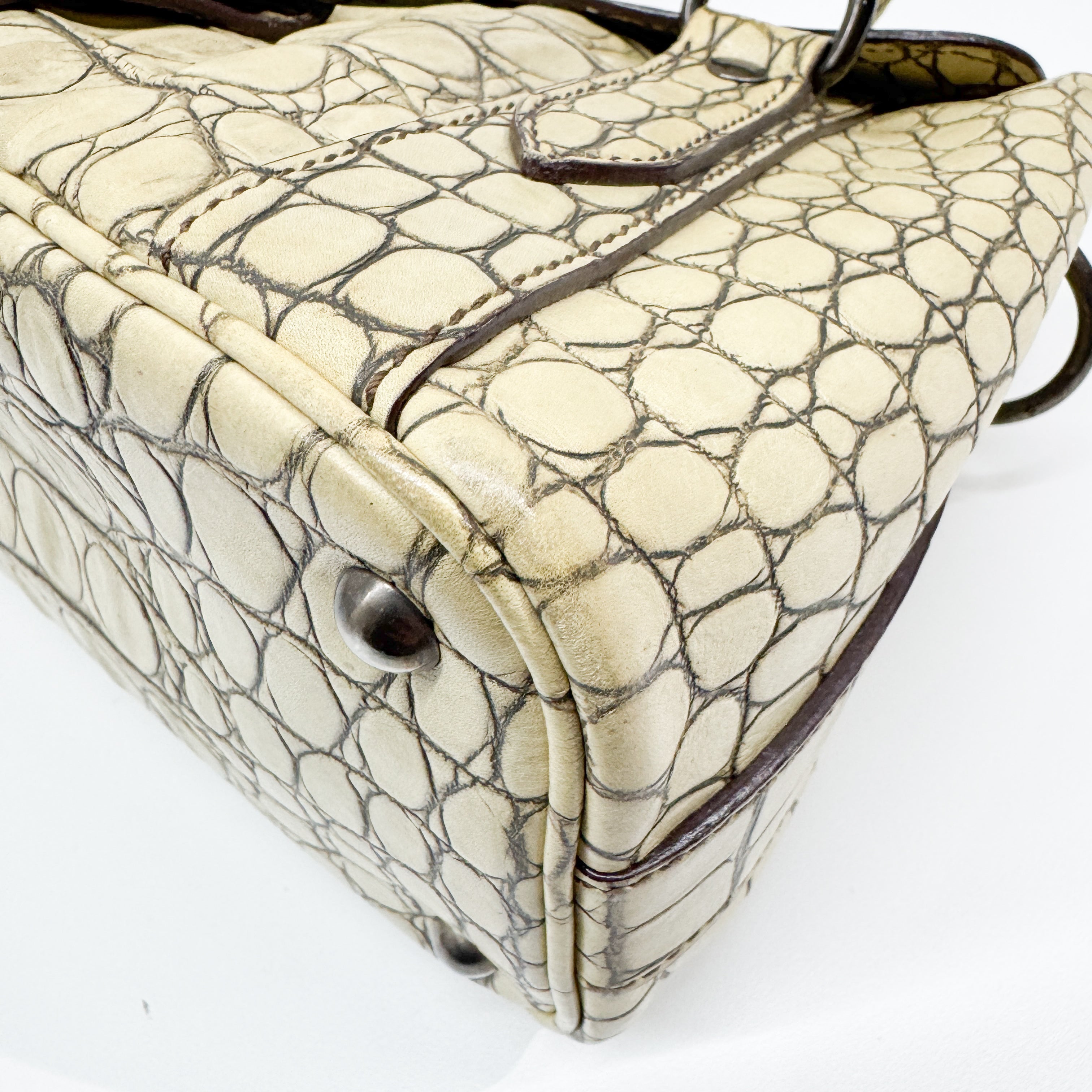 Vintage Beige Croc Embossed Leather Shoulder Bag