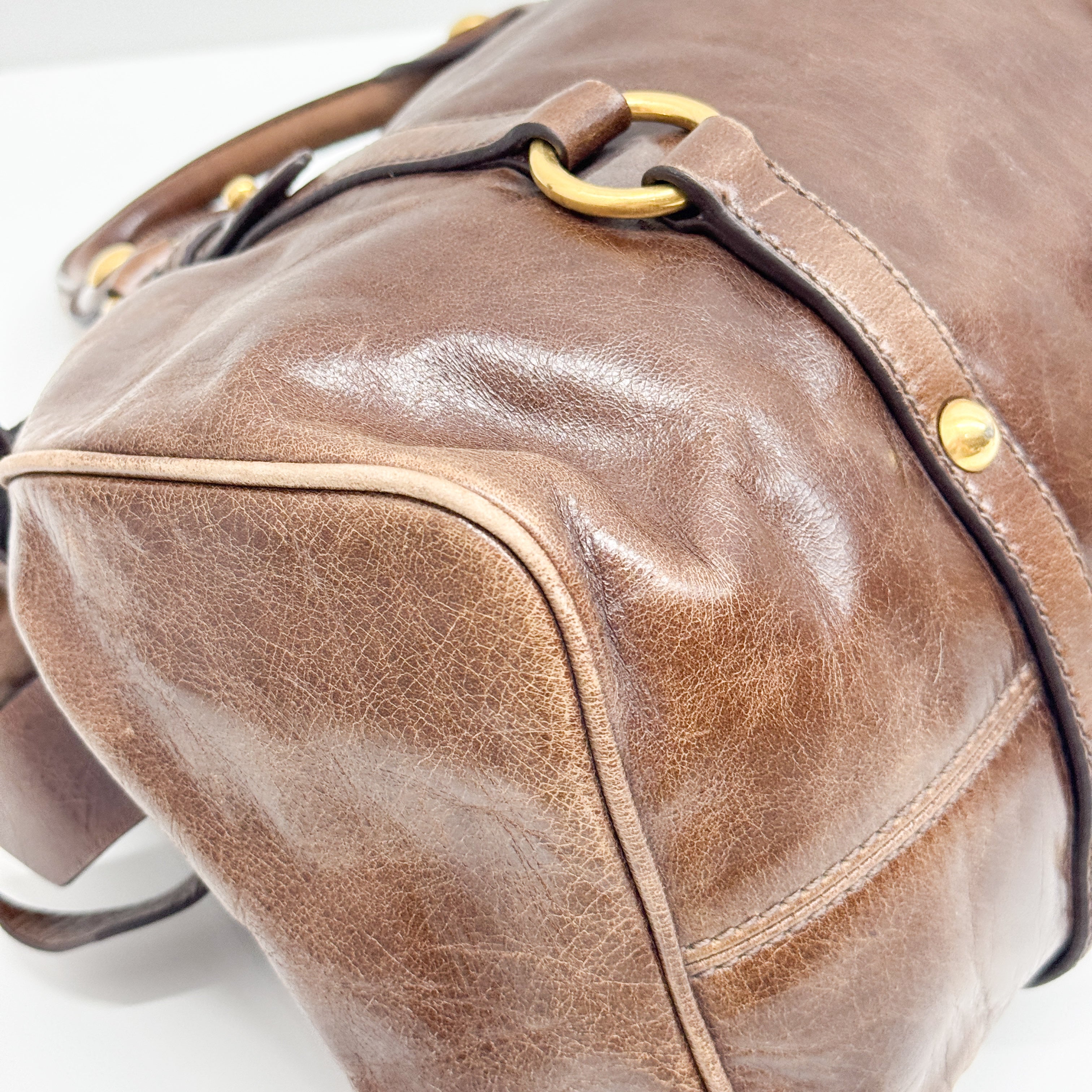 Vitello Lux Bow Brown Calfskin Leather Hand Bag