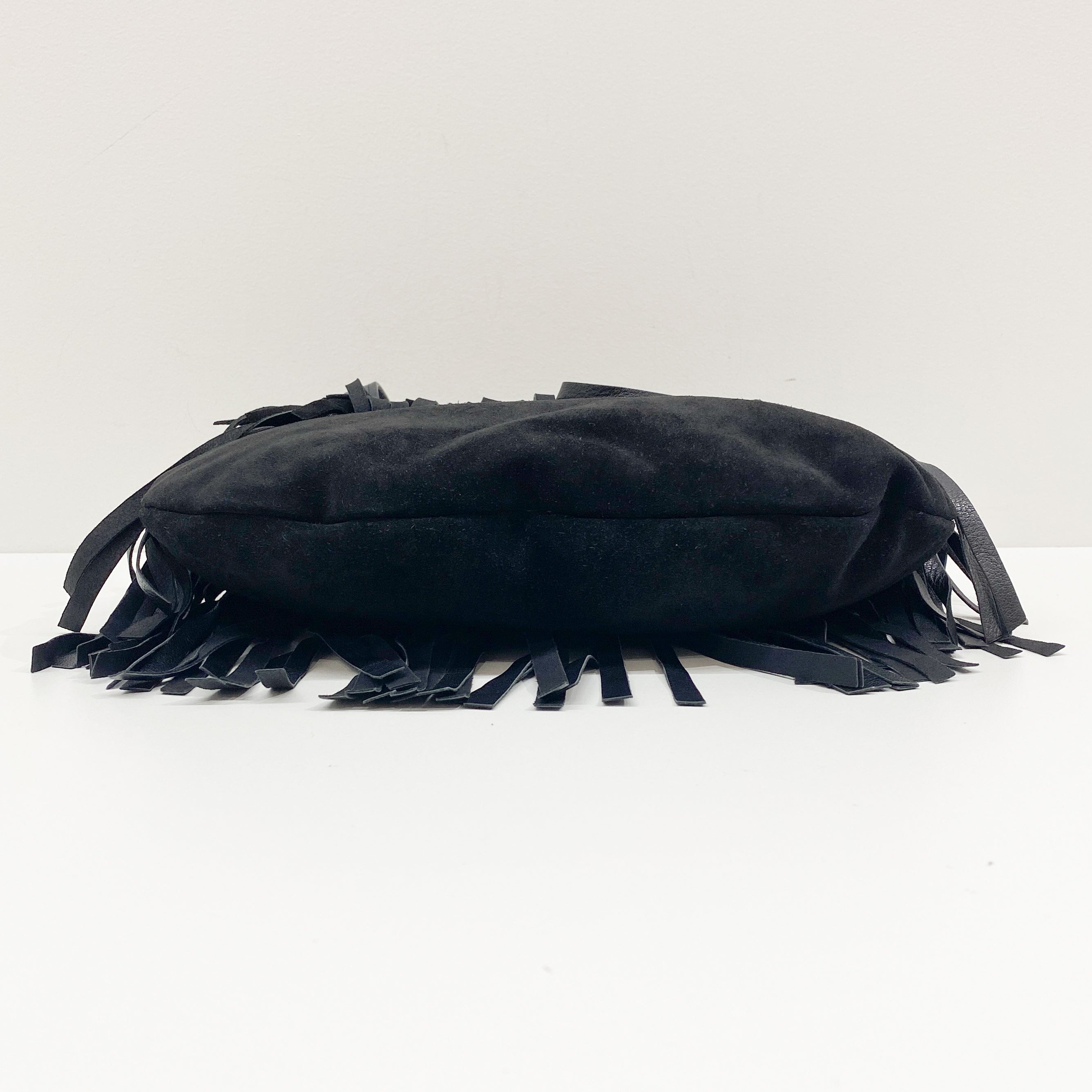 Fringe Black Suede Hobo Bag