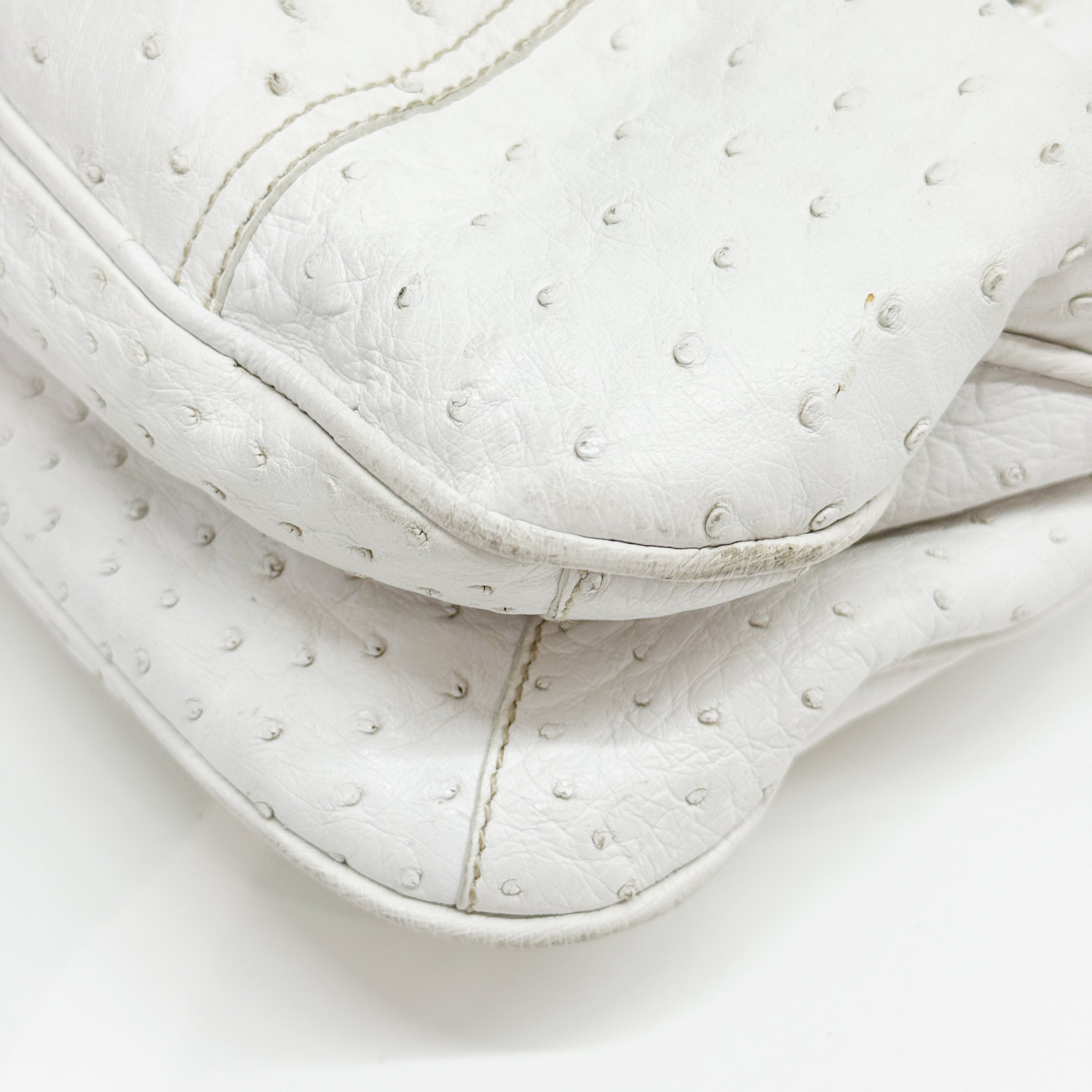 White Ostrich Embossed Leather Shoulder Bag