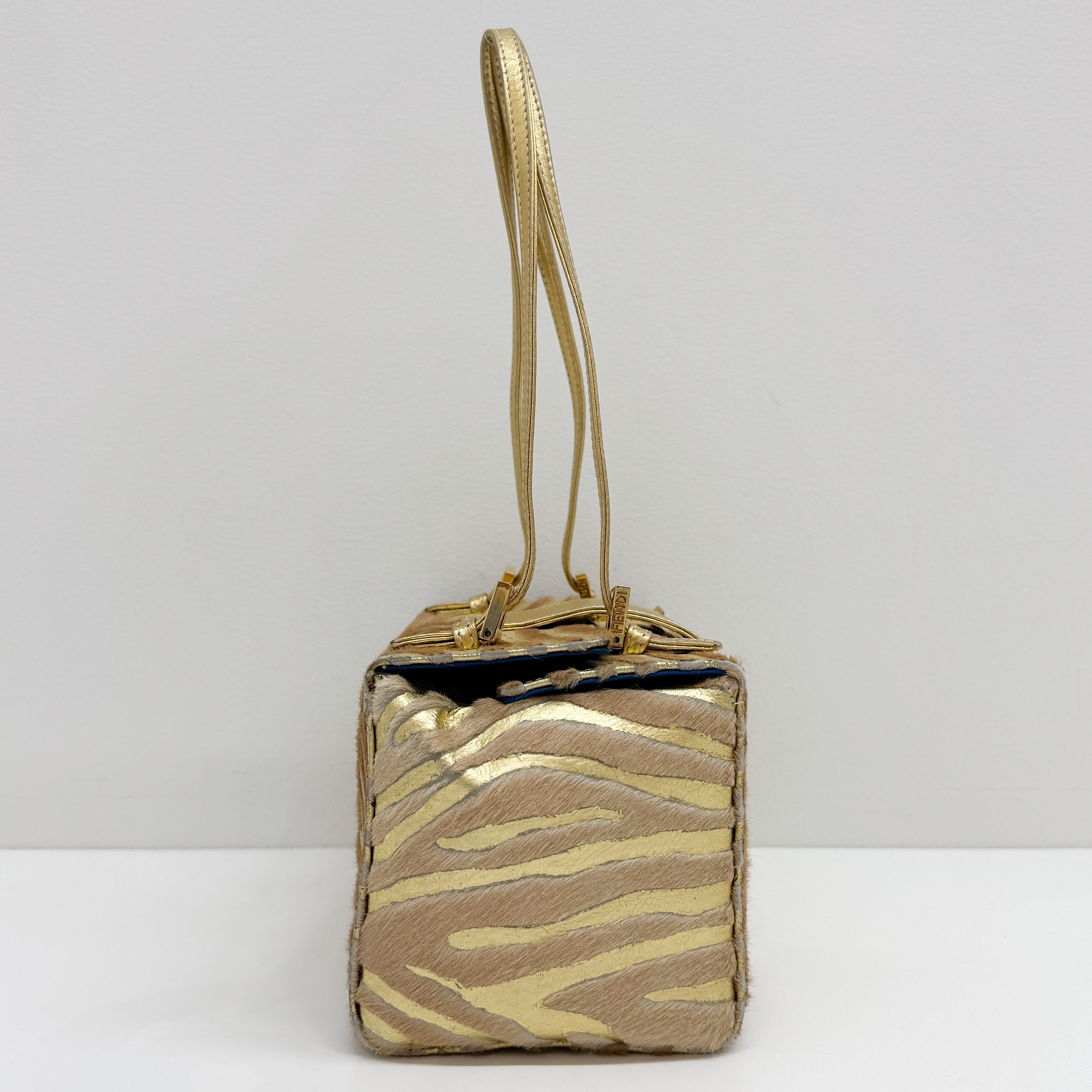 Mamma Baguette Gold Zebra Striped Pink Pony Hair Box Bag