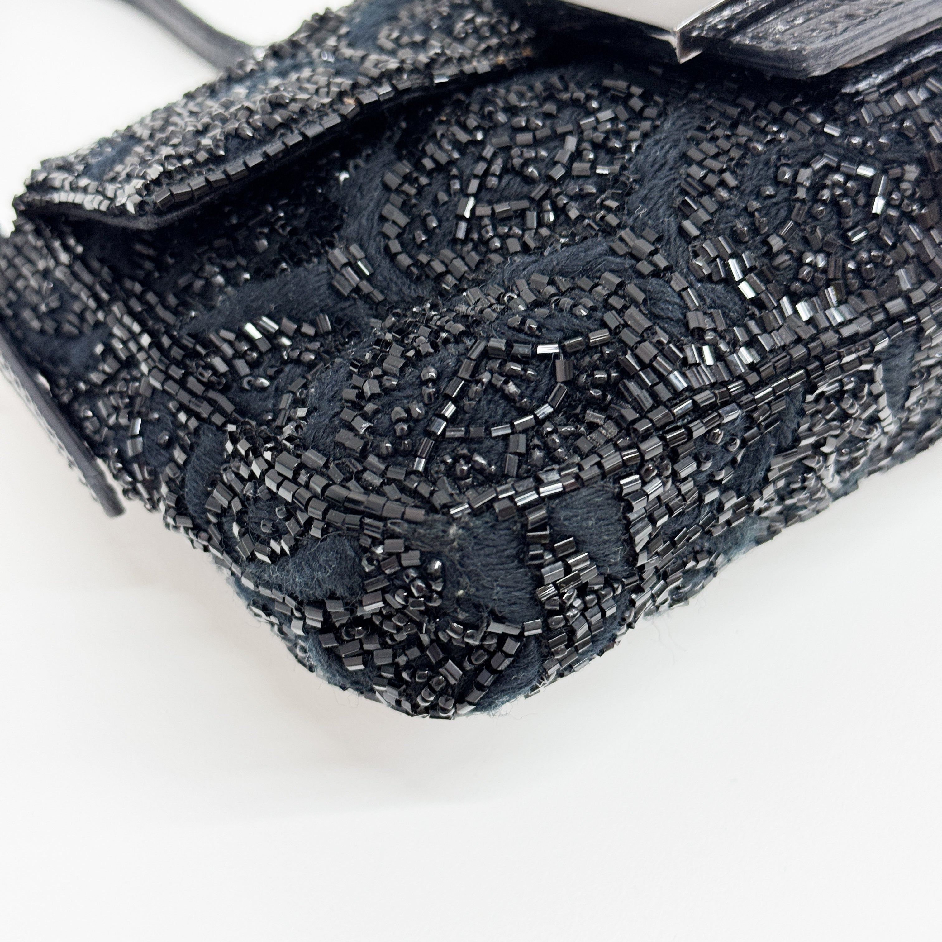 Mini Baguette Rhinestone Hardware Black Beaded Shoulder Bag