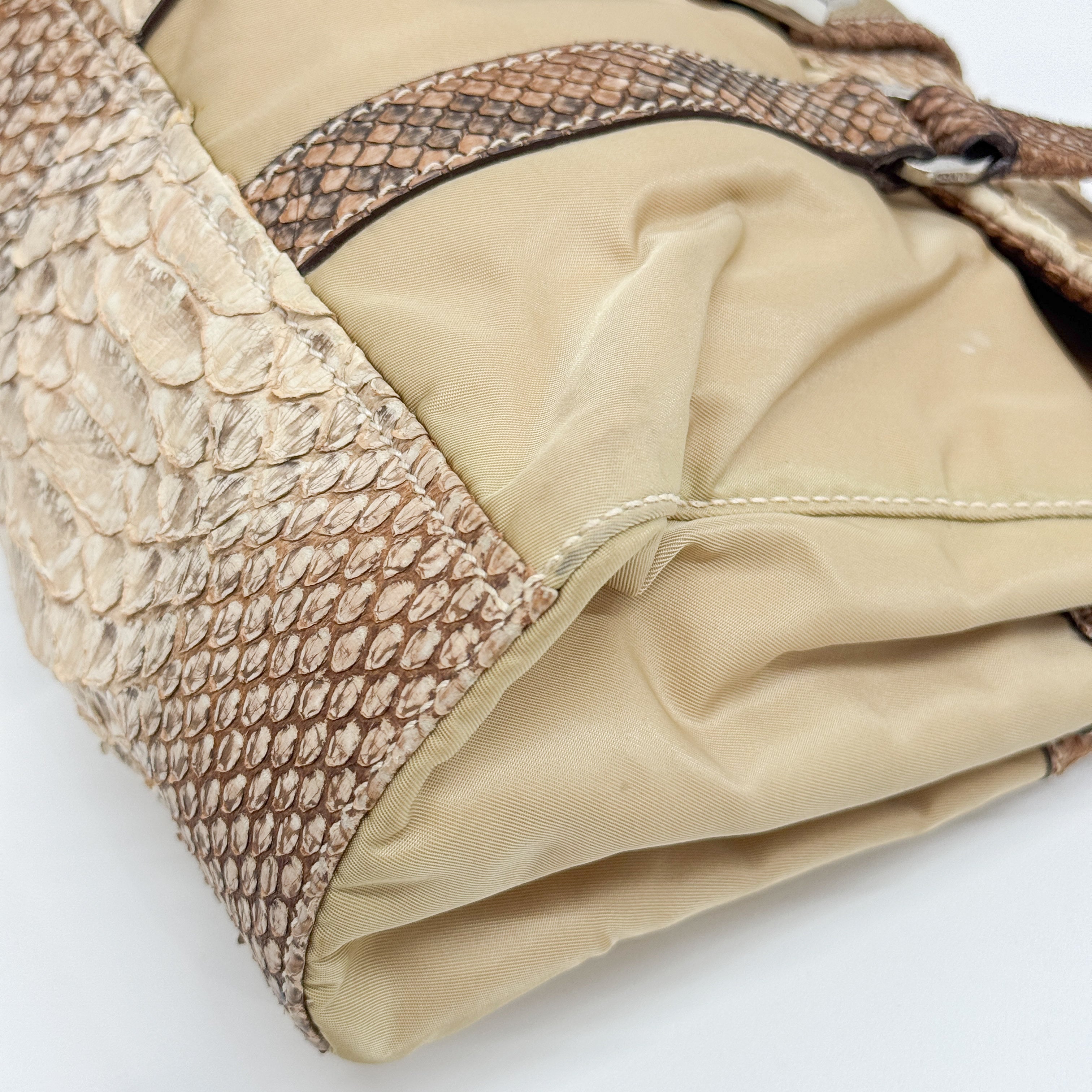 Python Embossed Beige Nylon Shoulder Bag