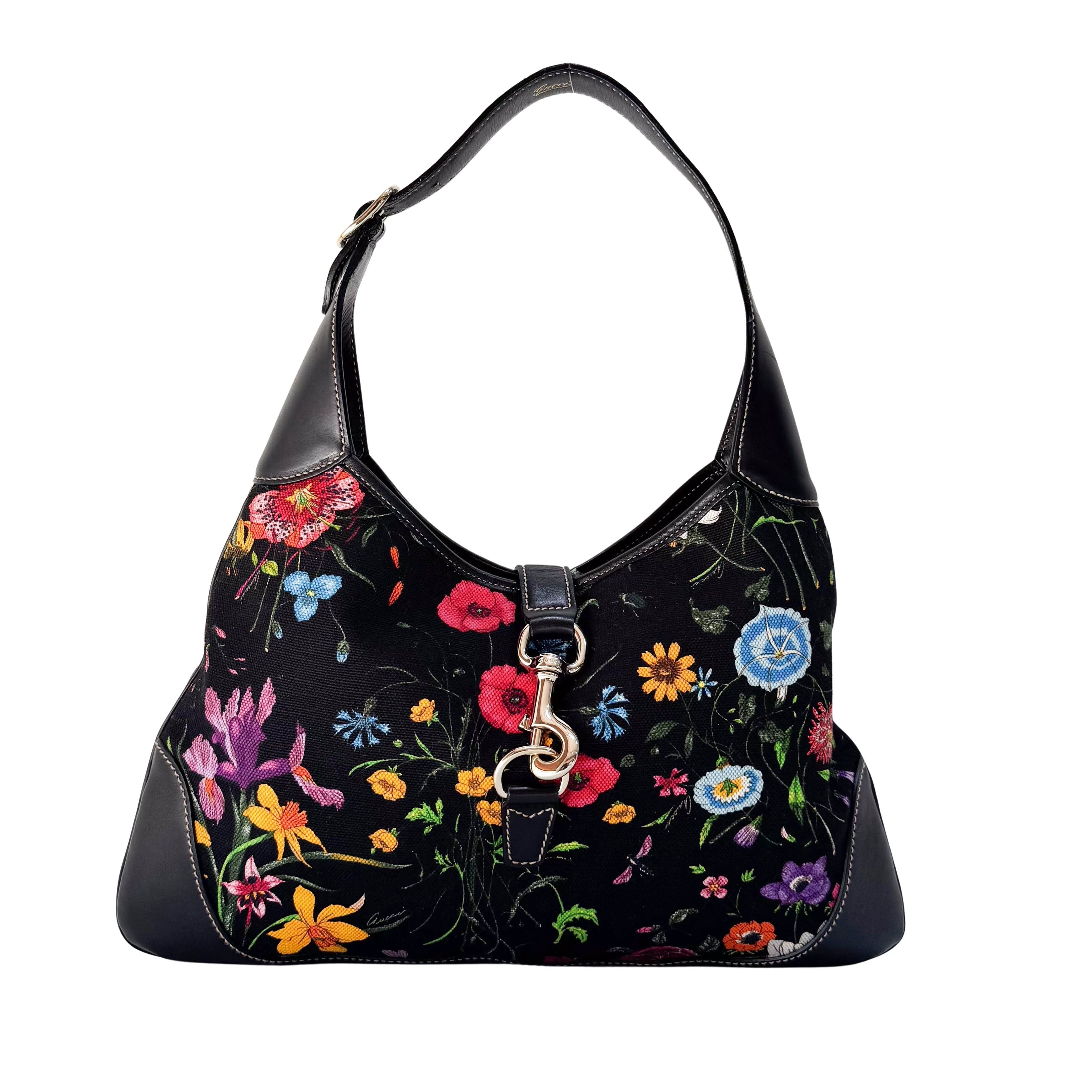 Jackie Bouvier Floral Printed Canvas Hobo Shoulder Bag
