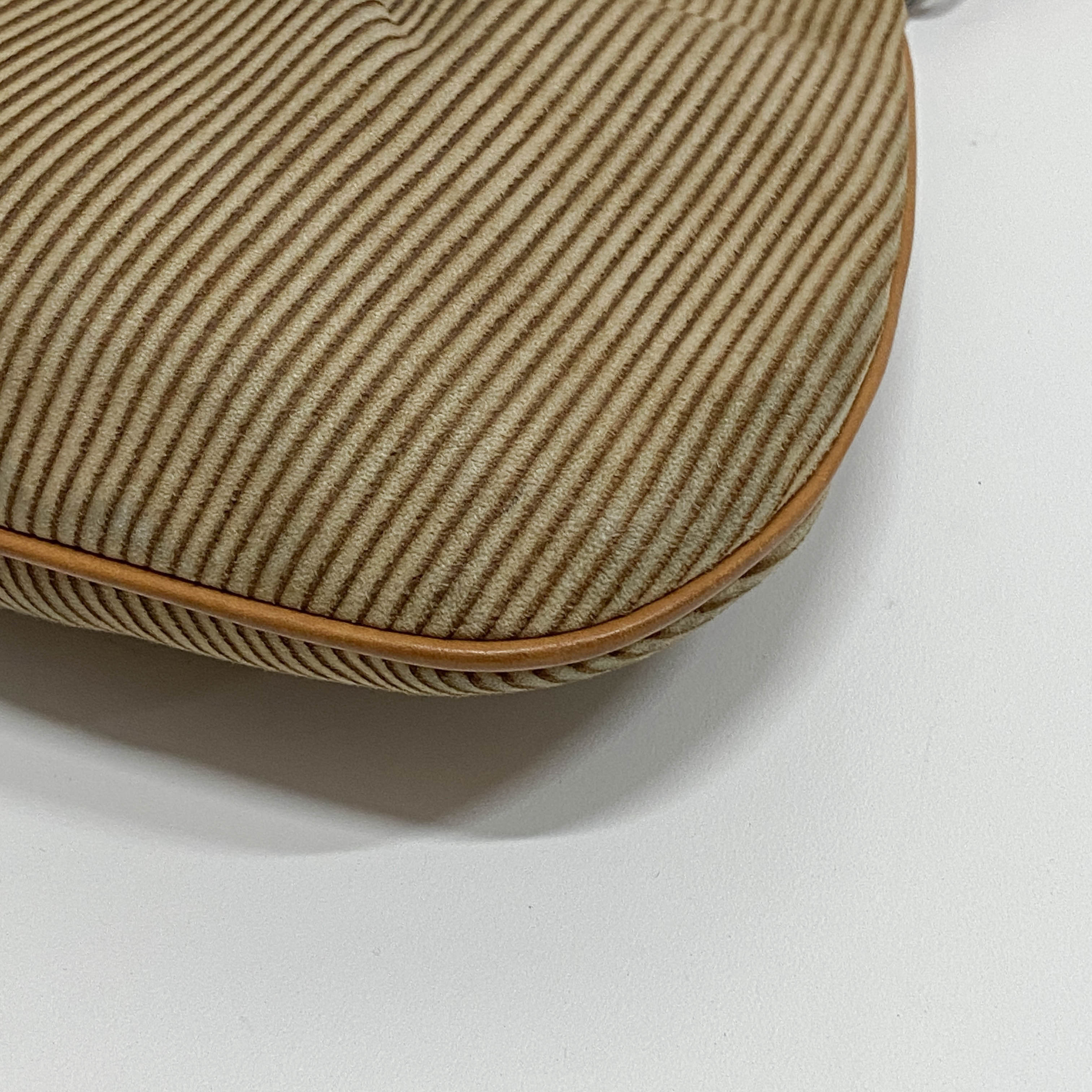 Beige Striped Suede Hobo Shoulder Bag