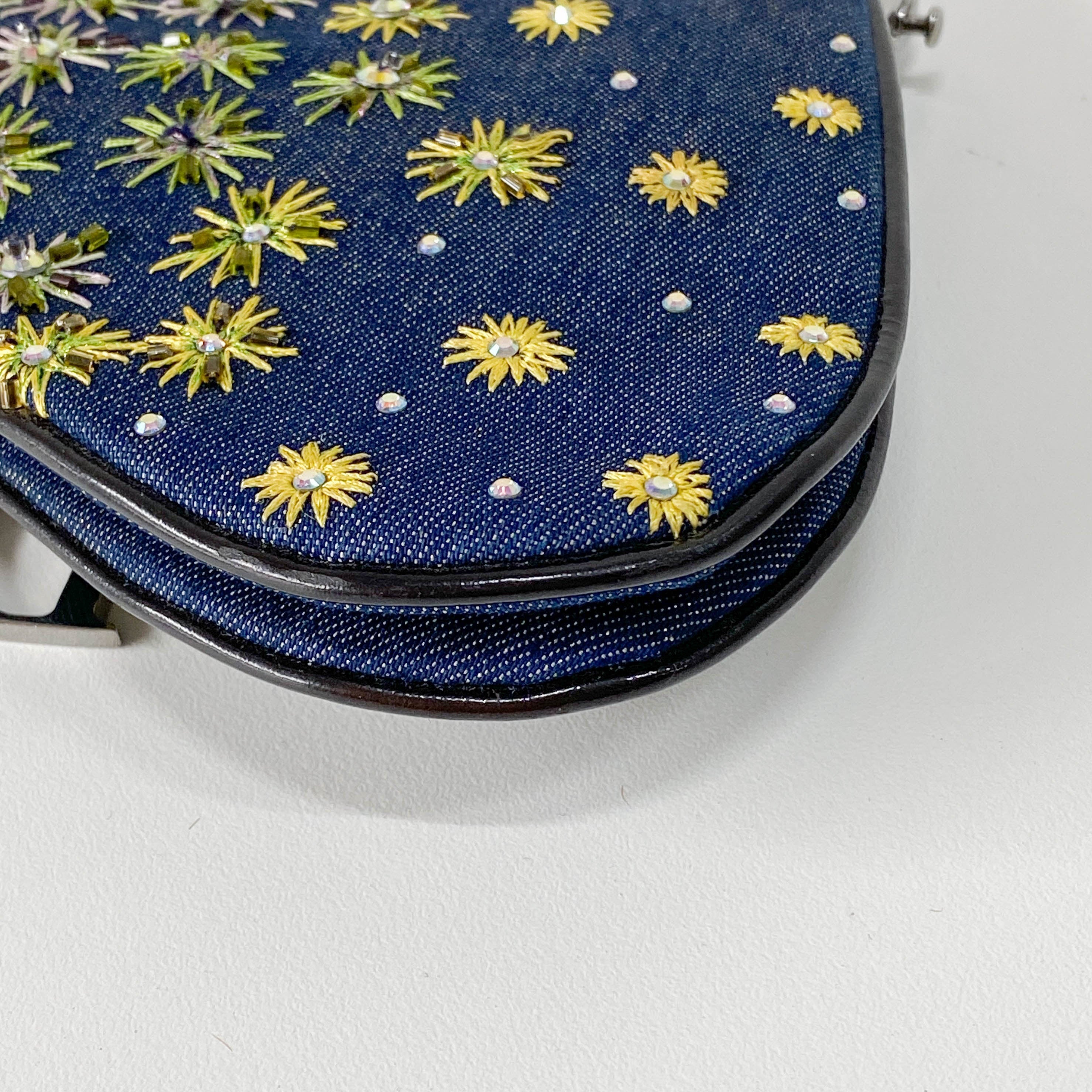 Saddle Denim Bead Embroidery Mini Chain Handle Bag