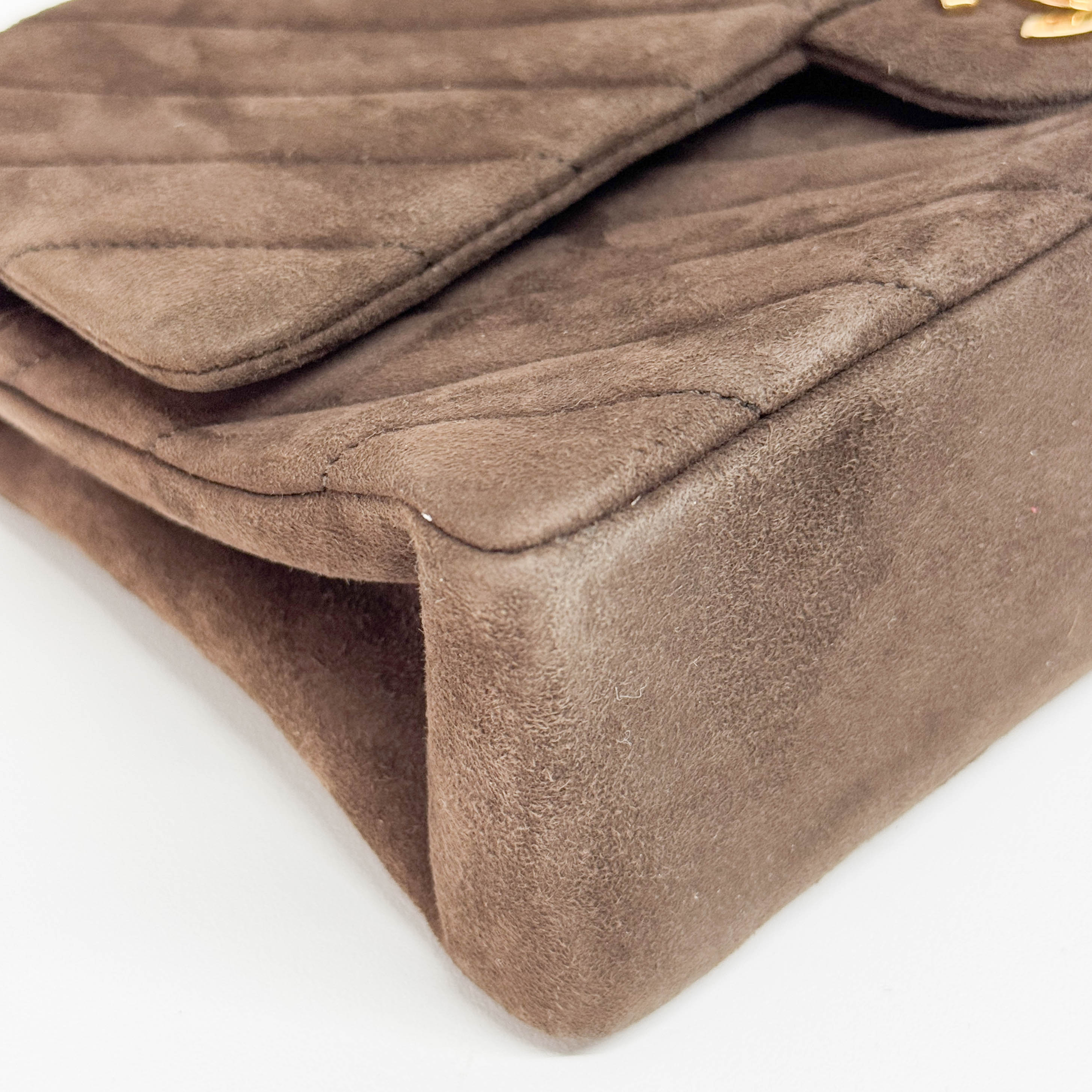 Double Flap Brown V Stitch Suede Double Chain Shoulder Bag