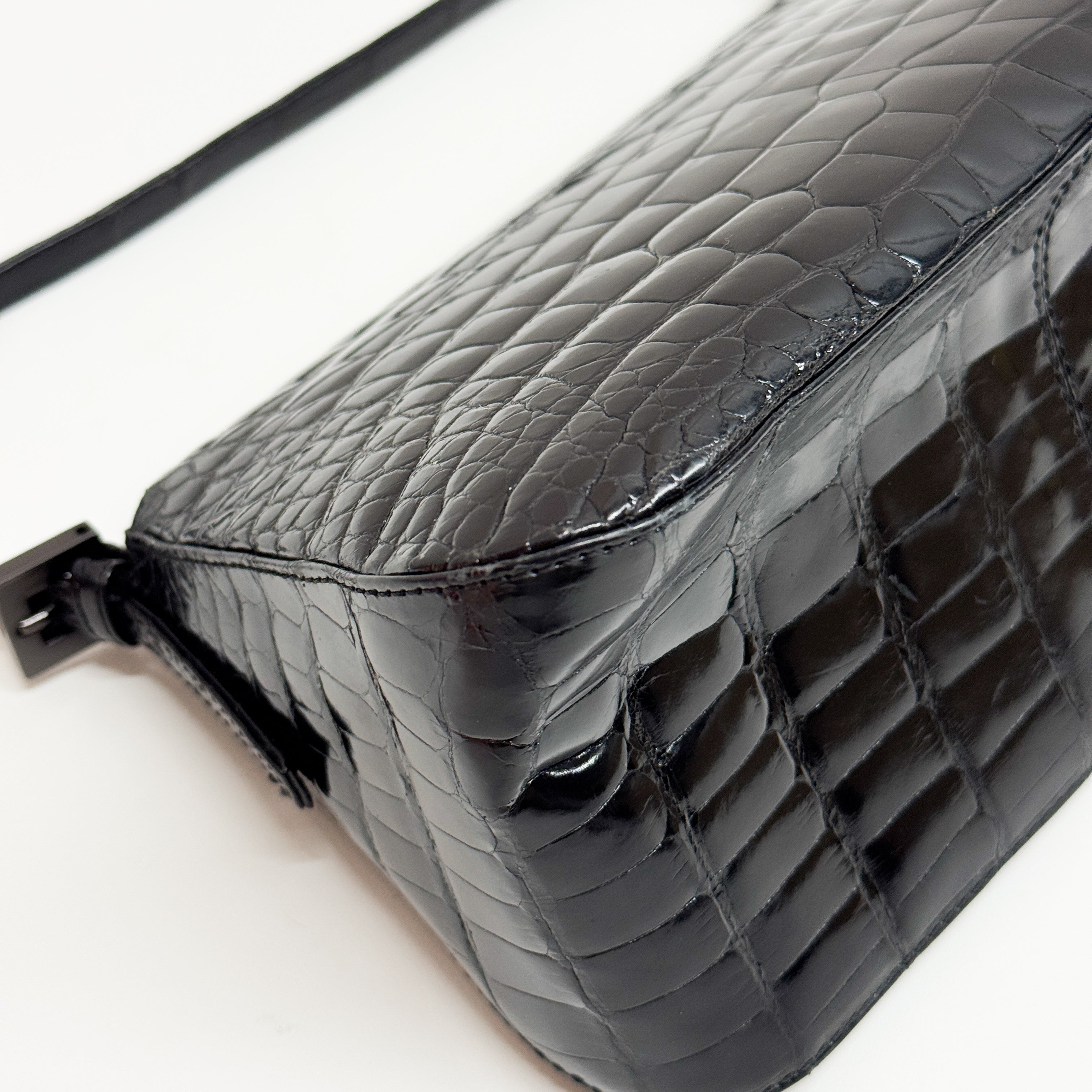 Mini Mamma Baguette Black Crocodile Embossed Shoulder Bag