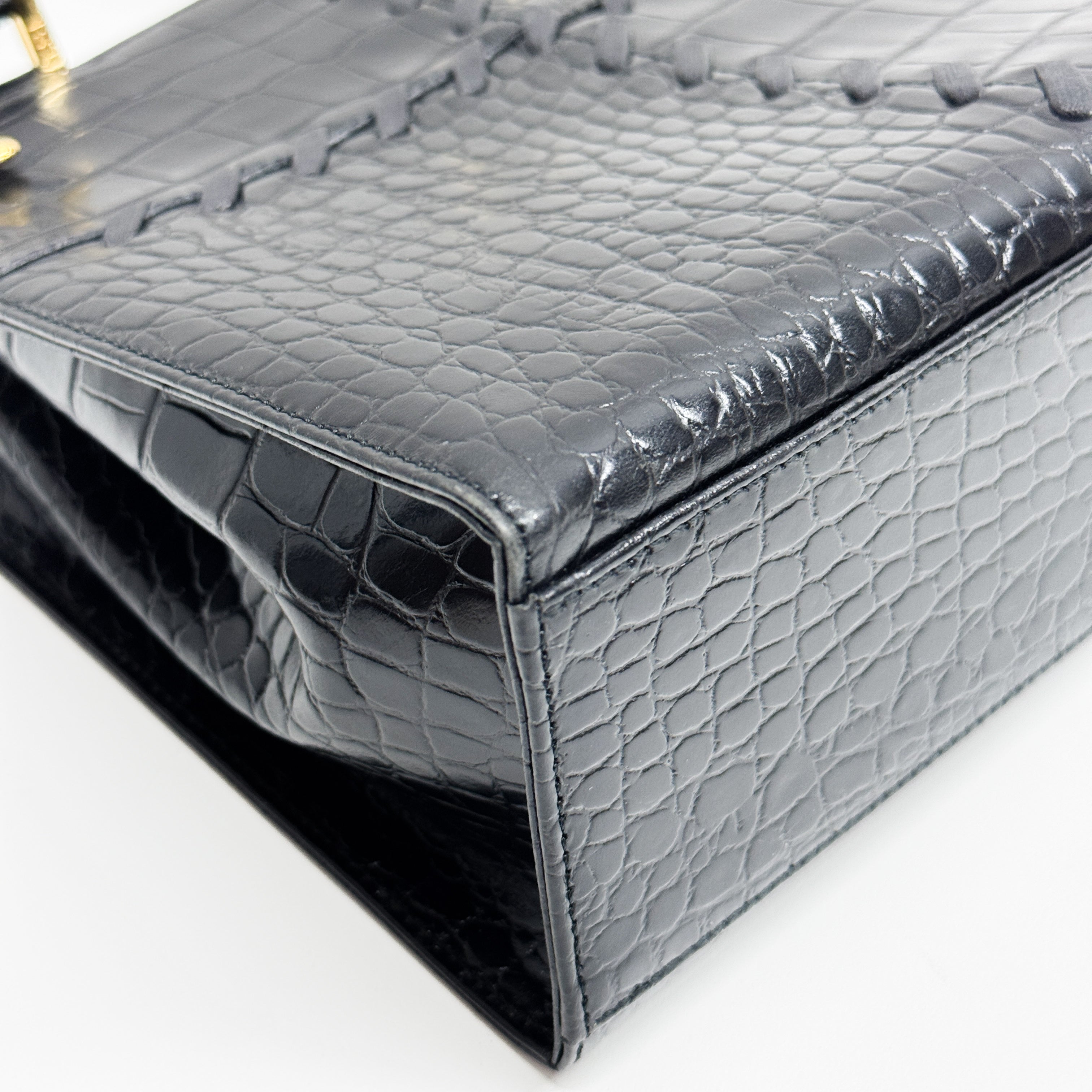 Black Croc Embossed Leather Handbag