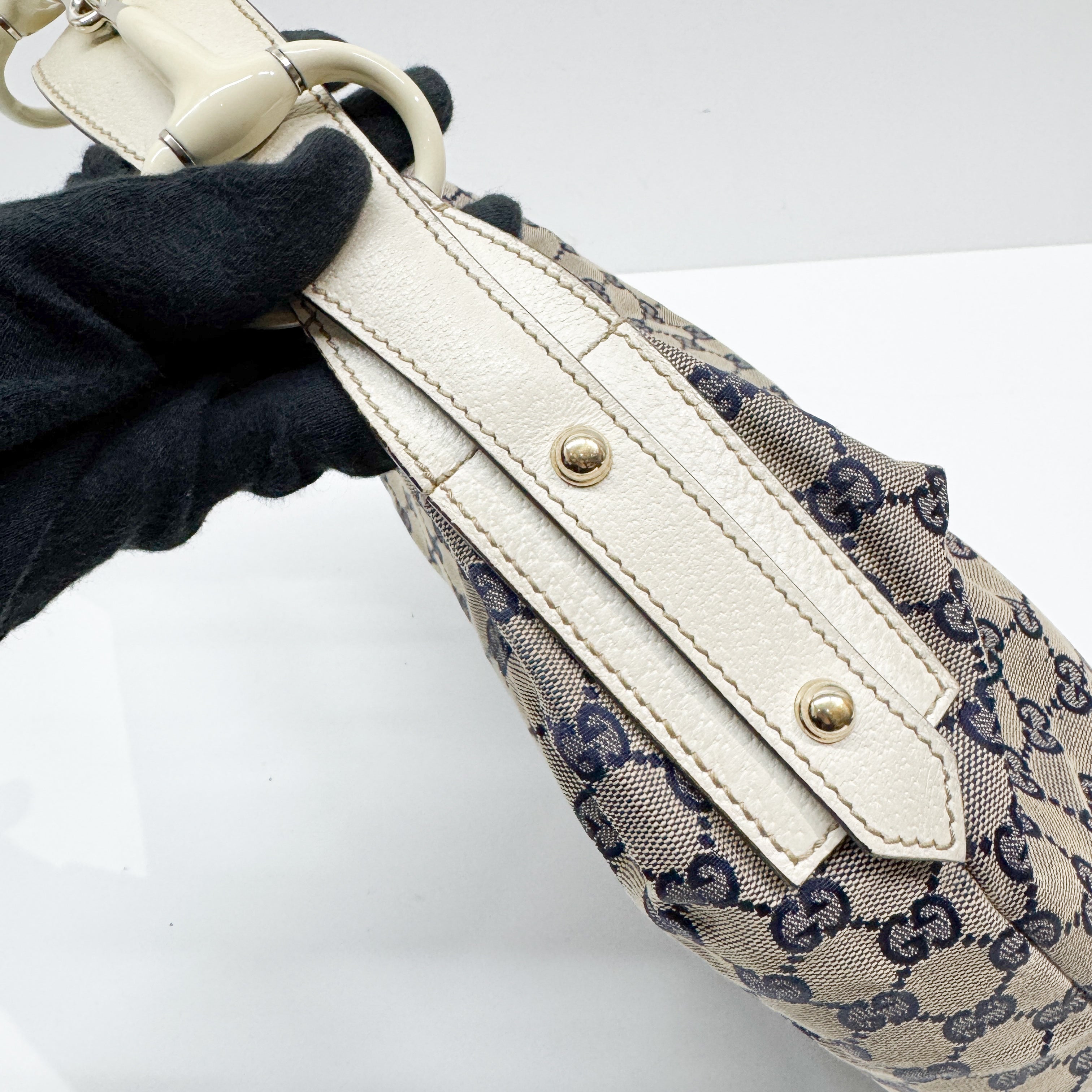 Horsebit Beige Canvas Shoulder Bag