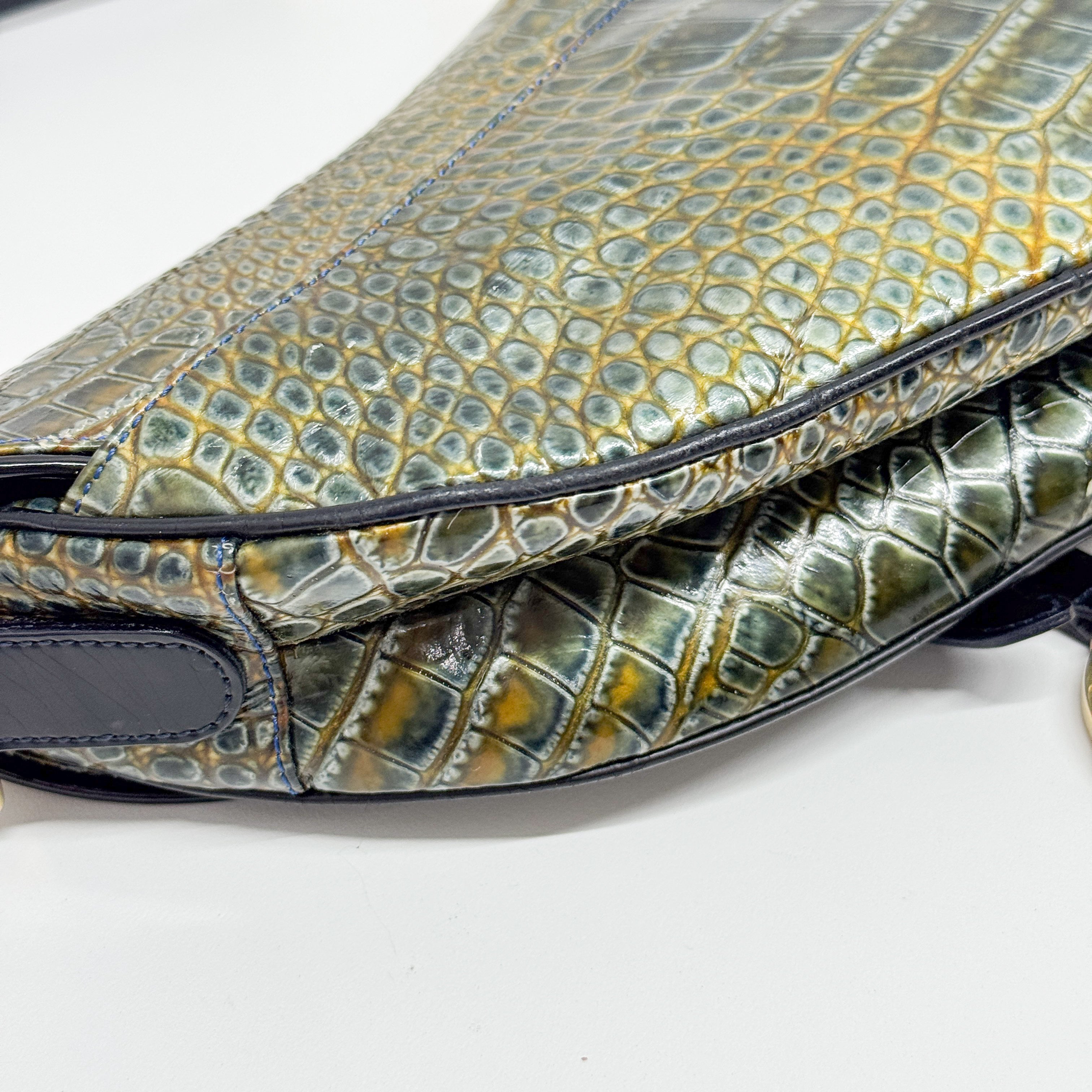 Saddle Olive-Brown Crocodile Embossed Leather Shoulder Bag