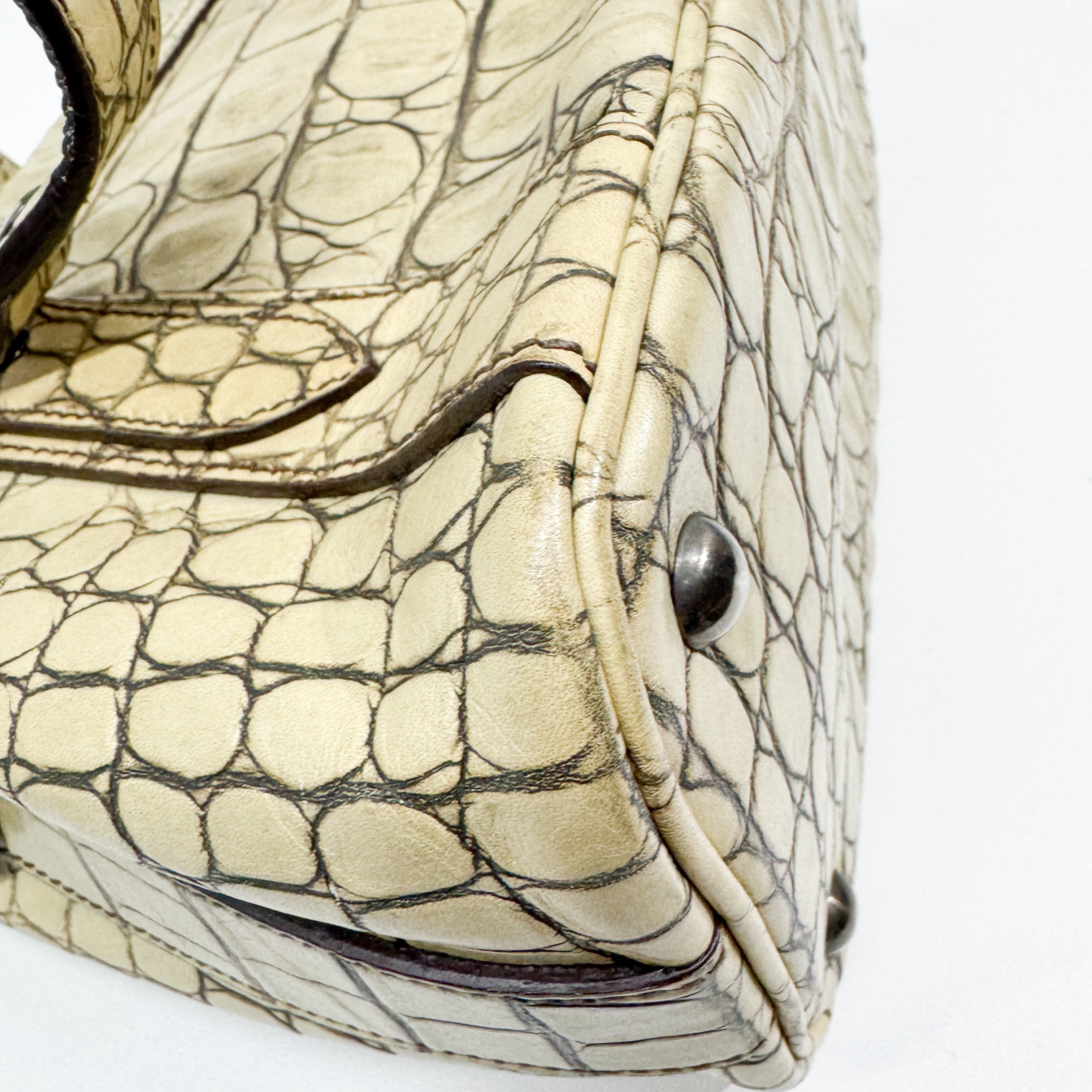 Vintage Beige Croc Embossed Leather Shoulder Bag