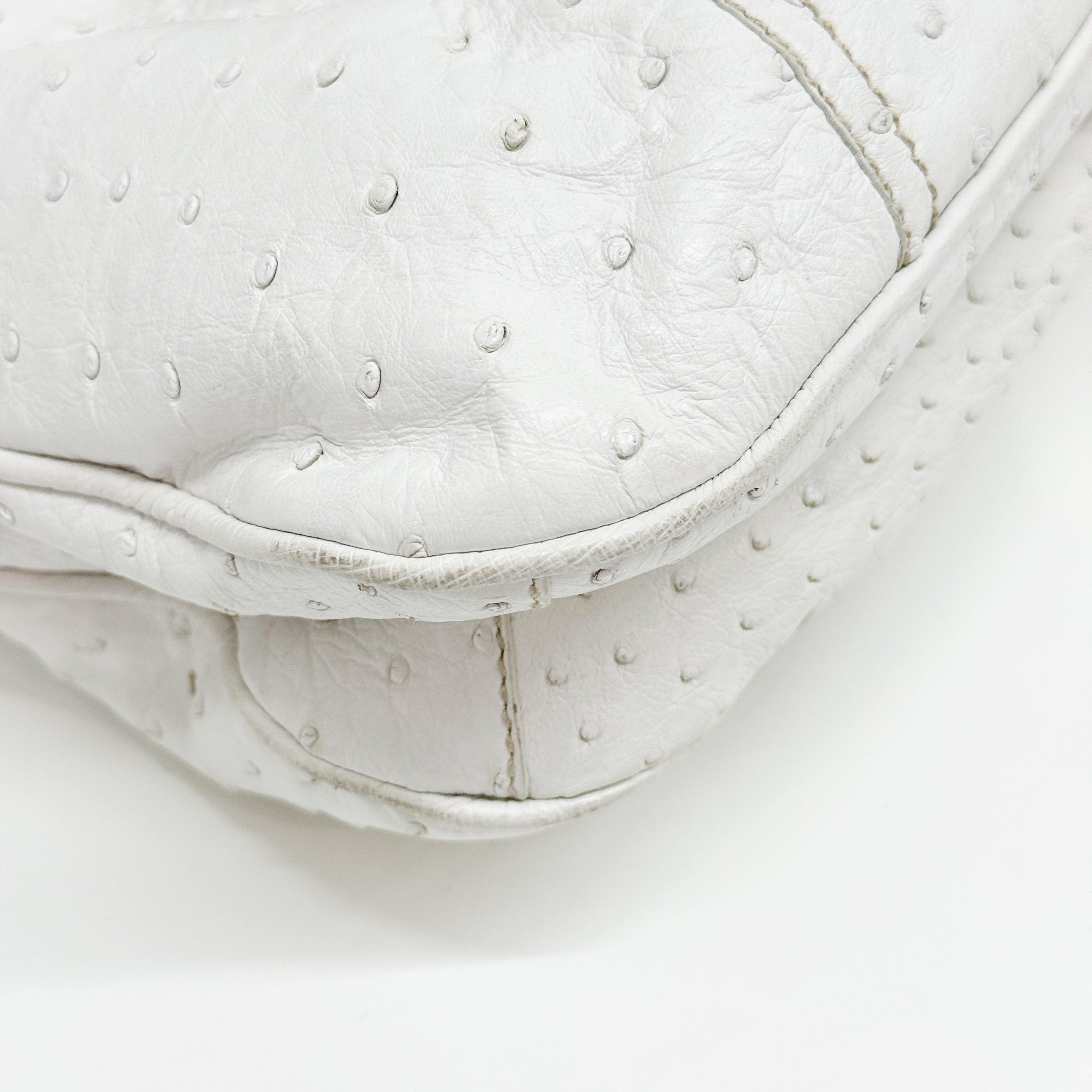 White Ostrich Embossed Leather Shoulder Bag
