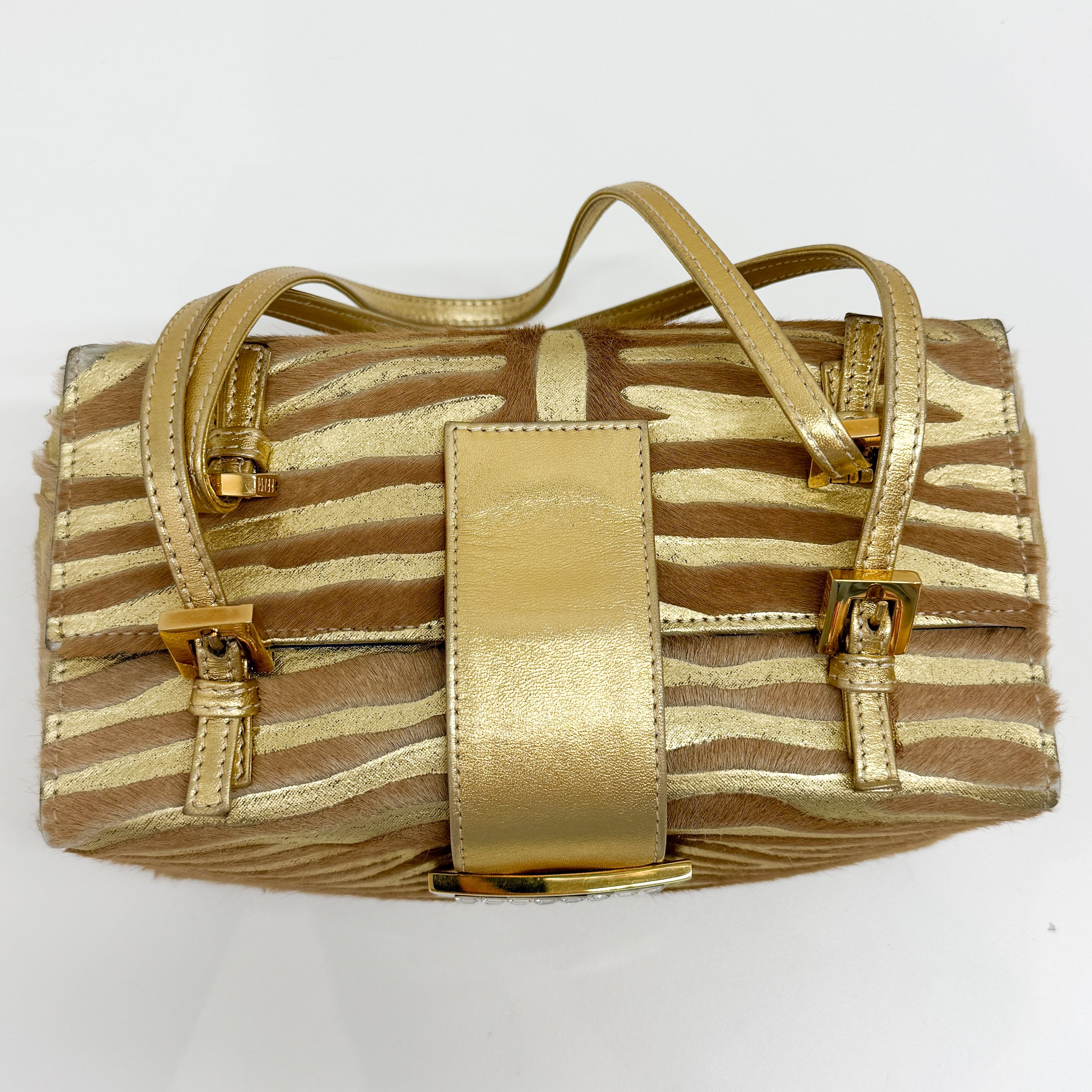 Mamma Baguette Gold Zebra Striped Pink Pony Hair Box Bag