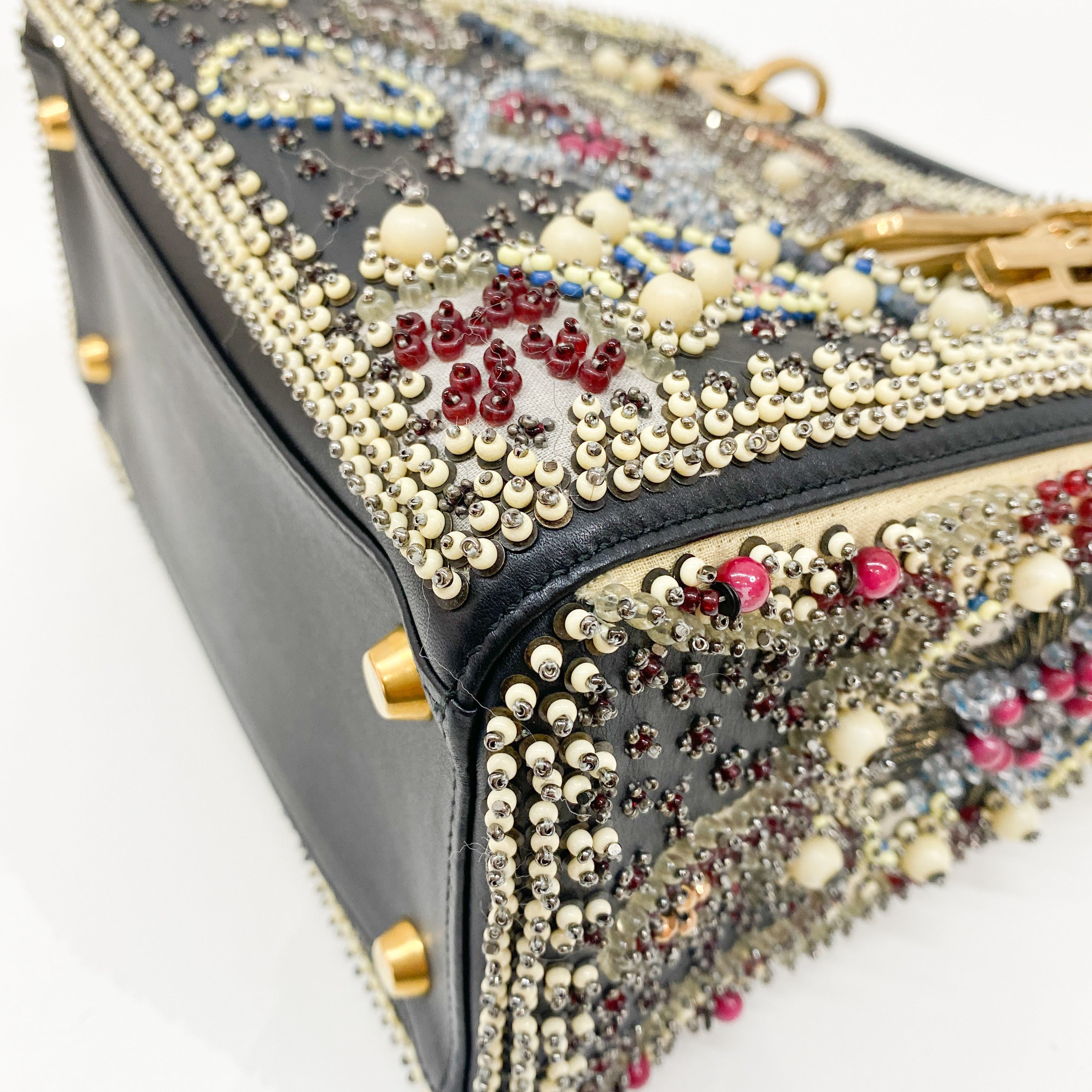 Lady Dior Black Leather Embroided Beads Bag