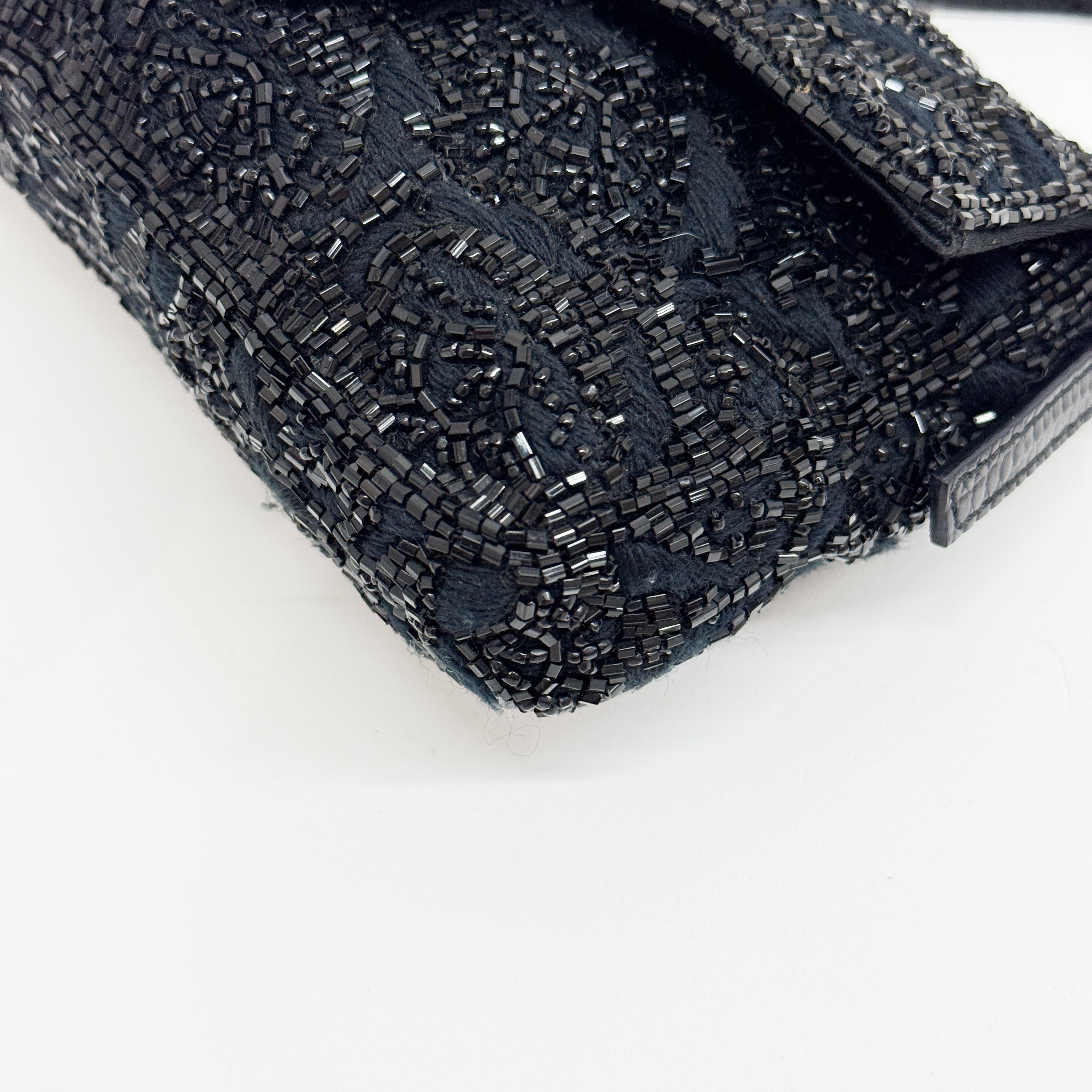 Mini Baguette Rhinestone Hardware Black Beaded Shoulder Bag