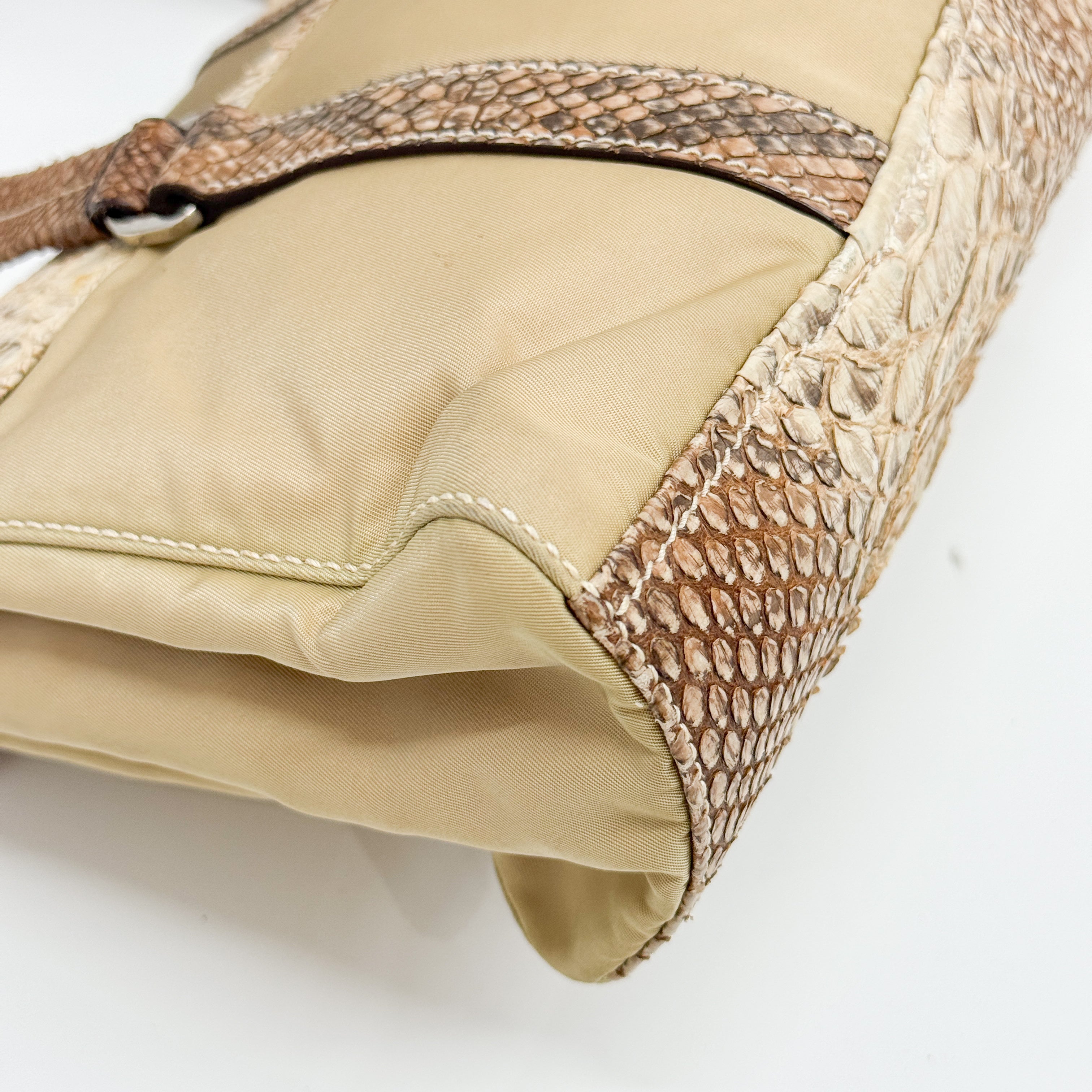 Python Embossed Beige Nylon Shoulder Bag