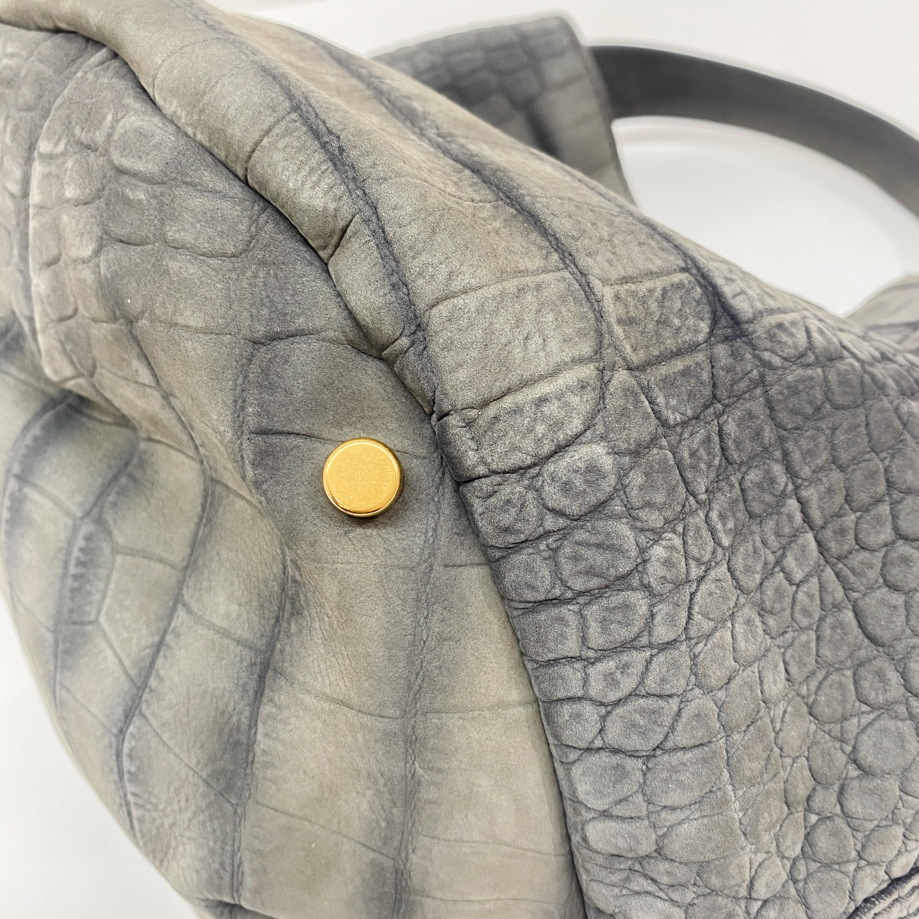 Grey Crocodile Embossed Nubuck Leather Hobo Bag