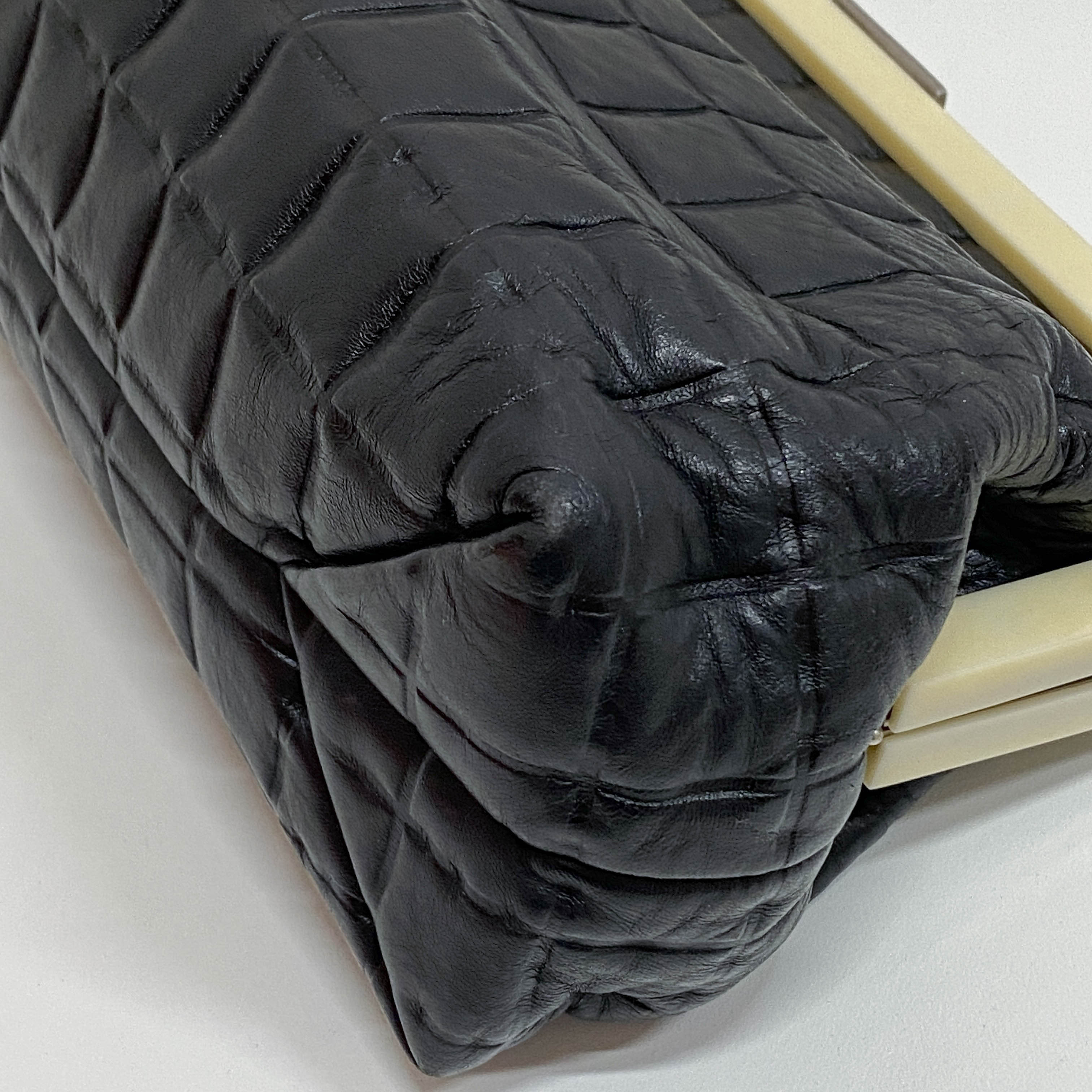 Vintage Chocolate Bar Black Quilted Lambskin Shoulder Bag