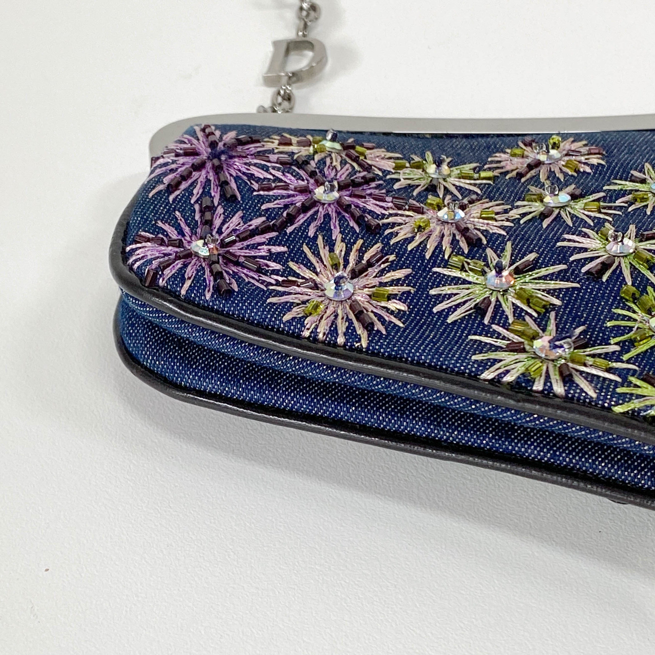 Saddle Denim Bead Embroidery Mini Chain Handle Bag