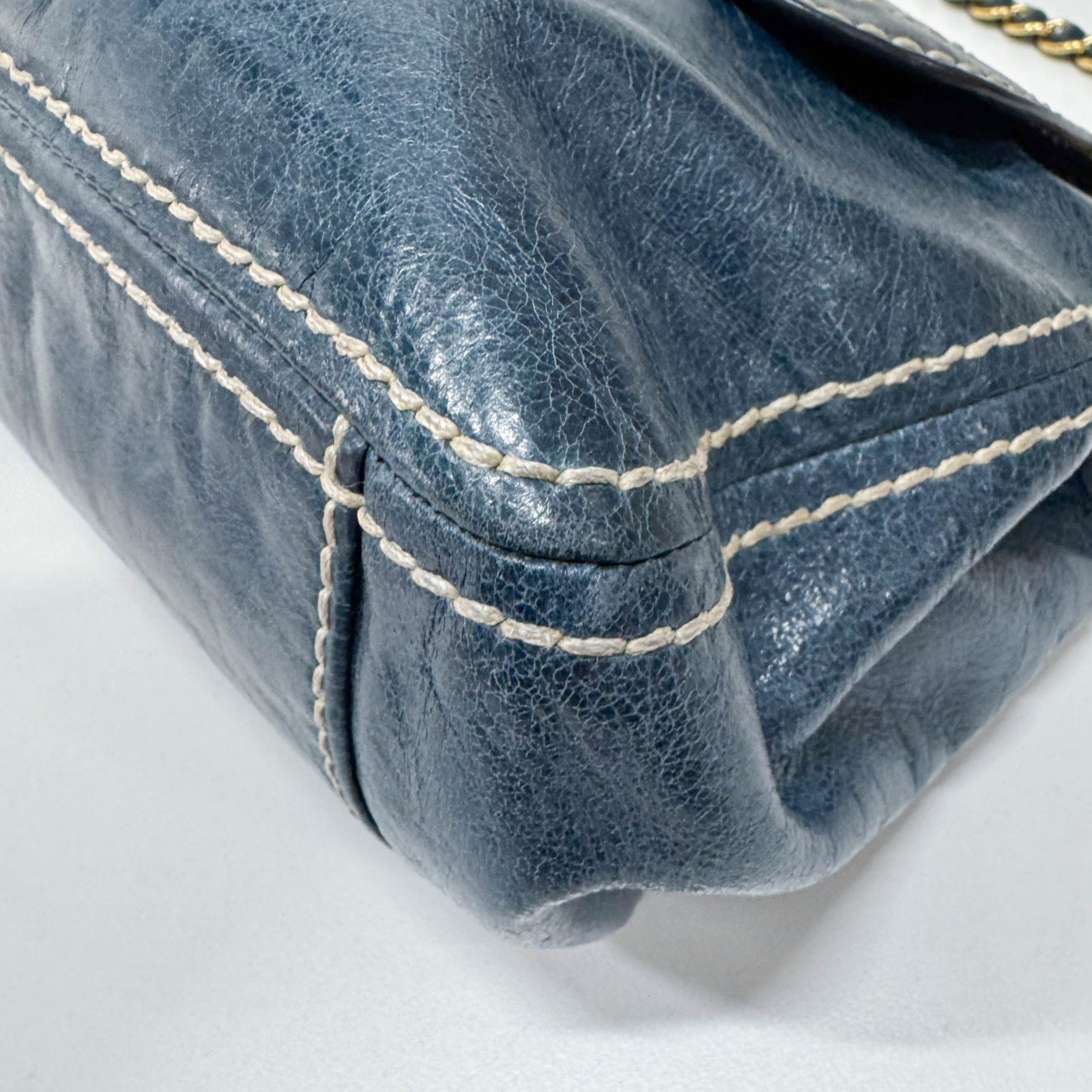 Blue Calfskin Leather Shoulder Bag