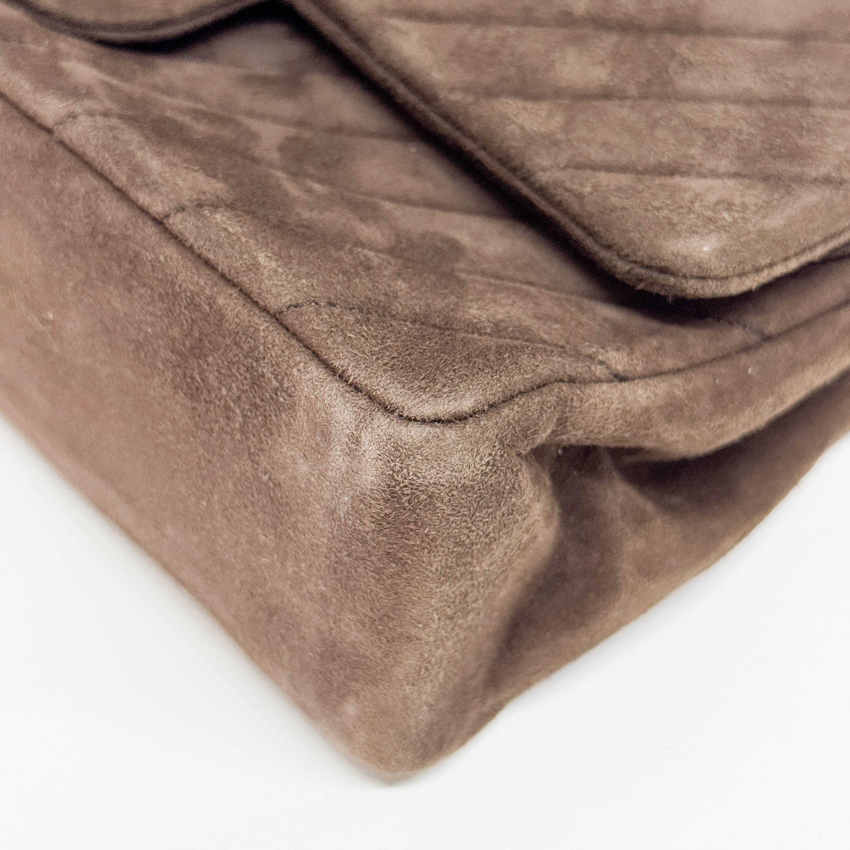 Double Flap Brown V Stitch Suede Double Chain Shoulder Bag