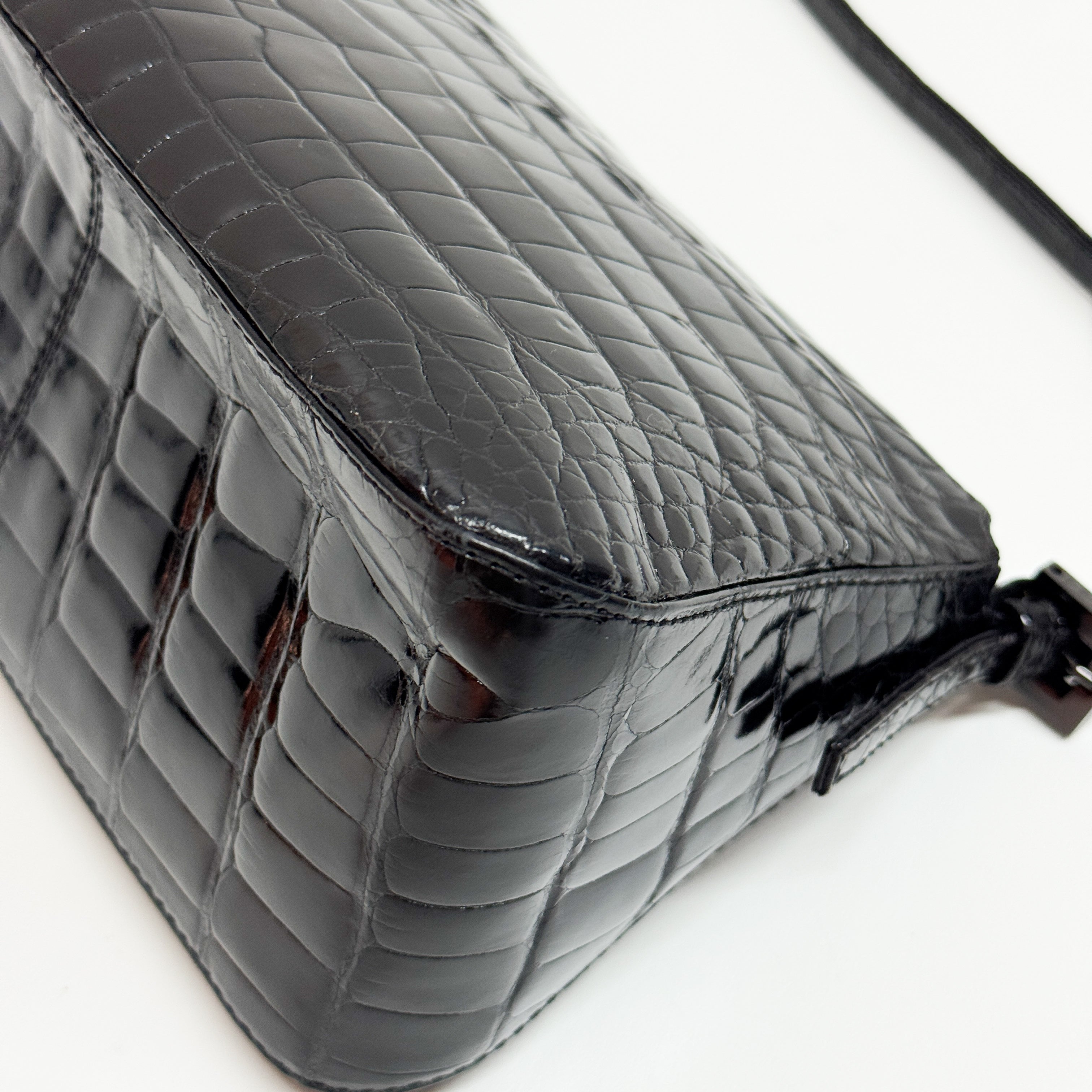 Mini Mamma Baguette Black Crocodile Embossed Shoulder Bag