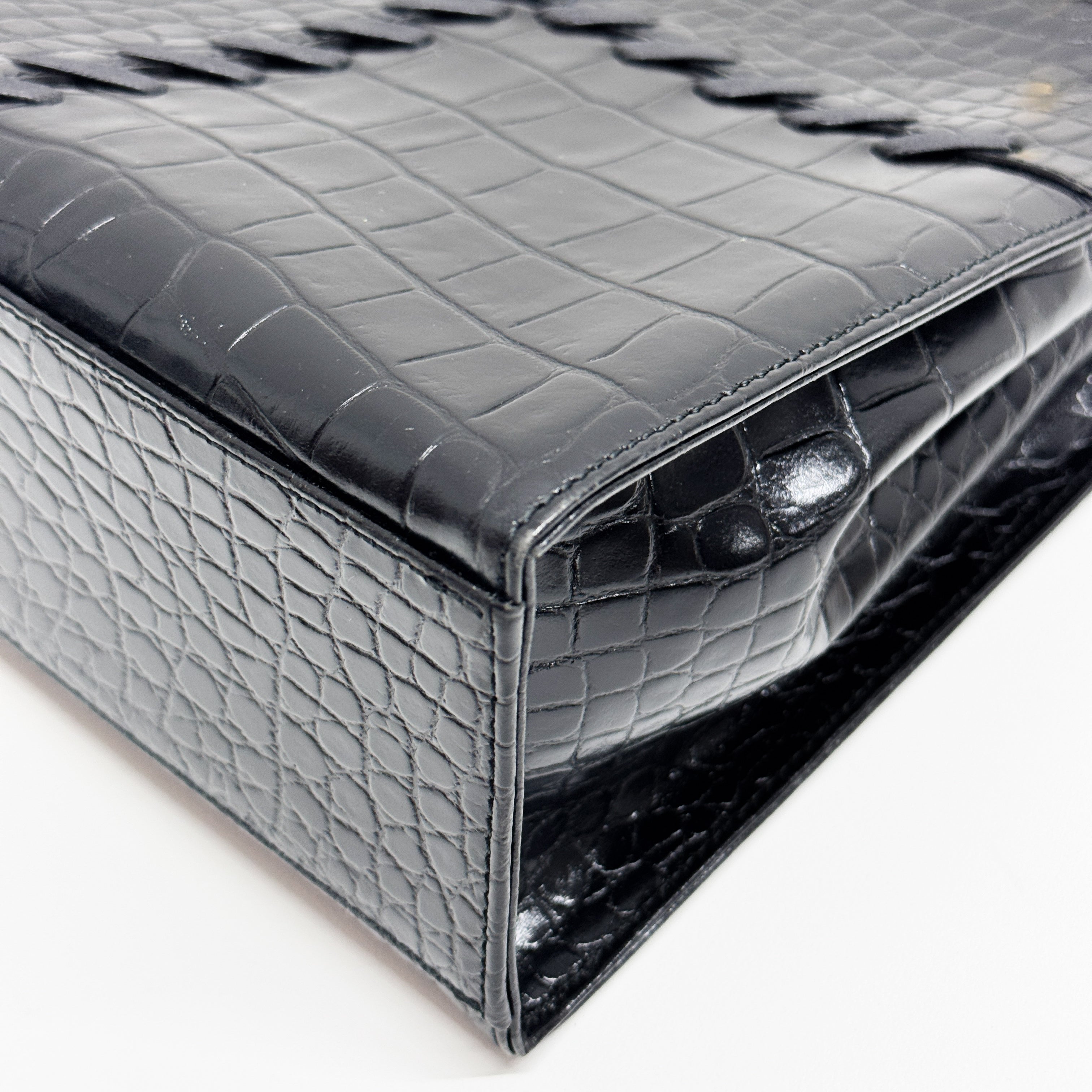 Black Croc Embossed Leather Handbag