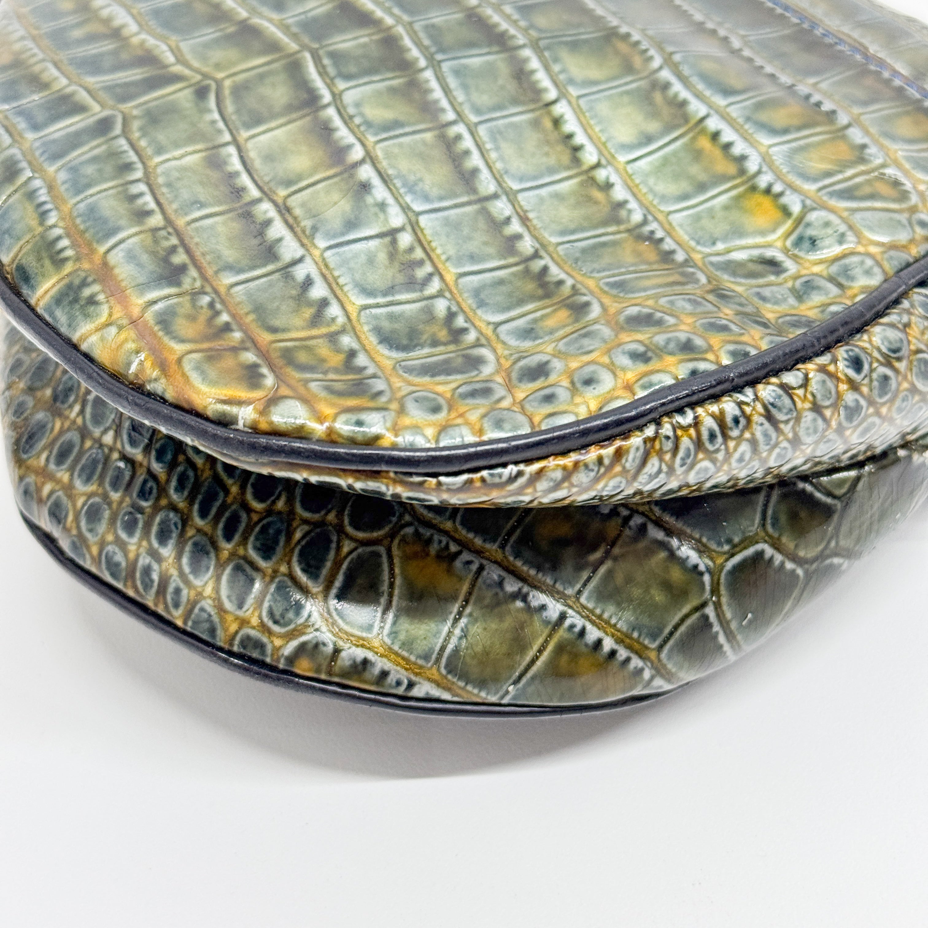 Saddle Olive-Brown Crocodile Embossed Leather Shoulder Bag