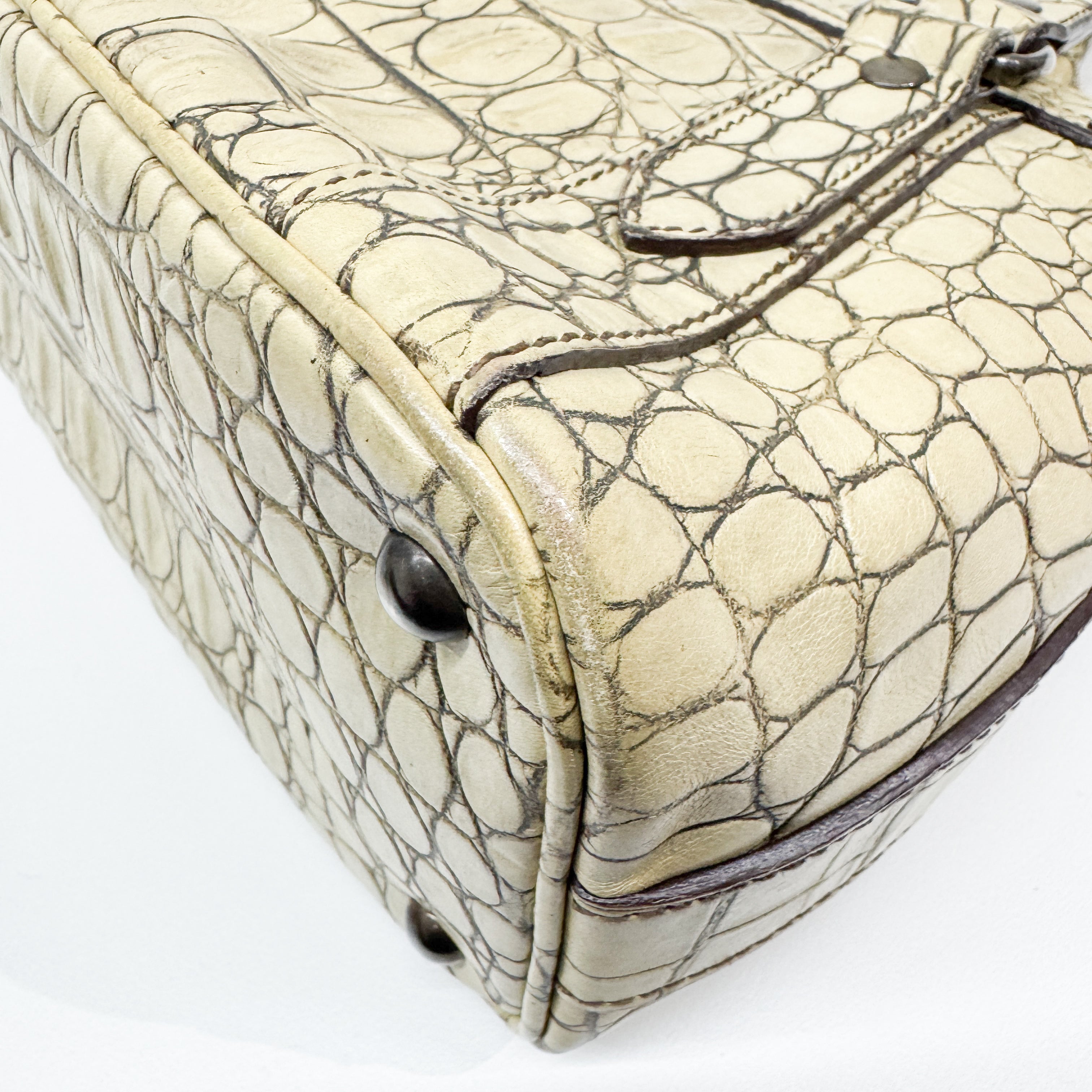 Vintage Beige Croc Embossed Leather Shoulder Bag
